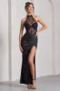Evalina | Black High-Neck Open-Back Panelled Split Maxi Dress sold by Club L London
