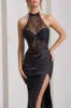 Evalina | Black High-Neck Open-Back Panelled Split Maxi Dress sold by Club L London