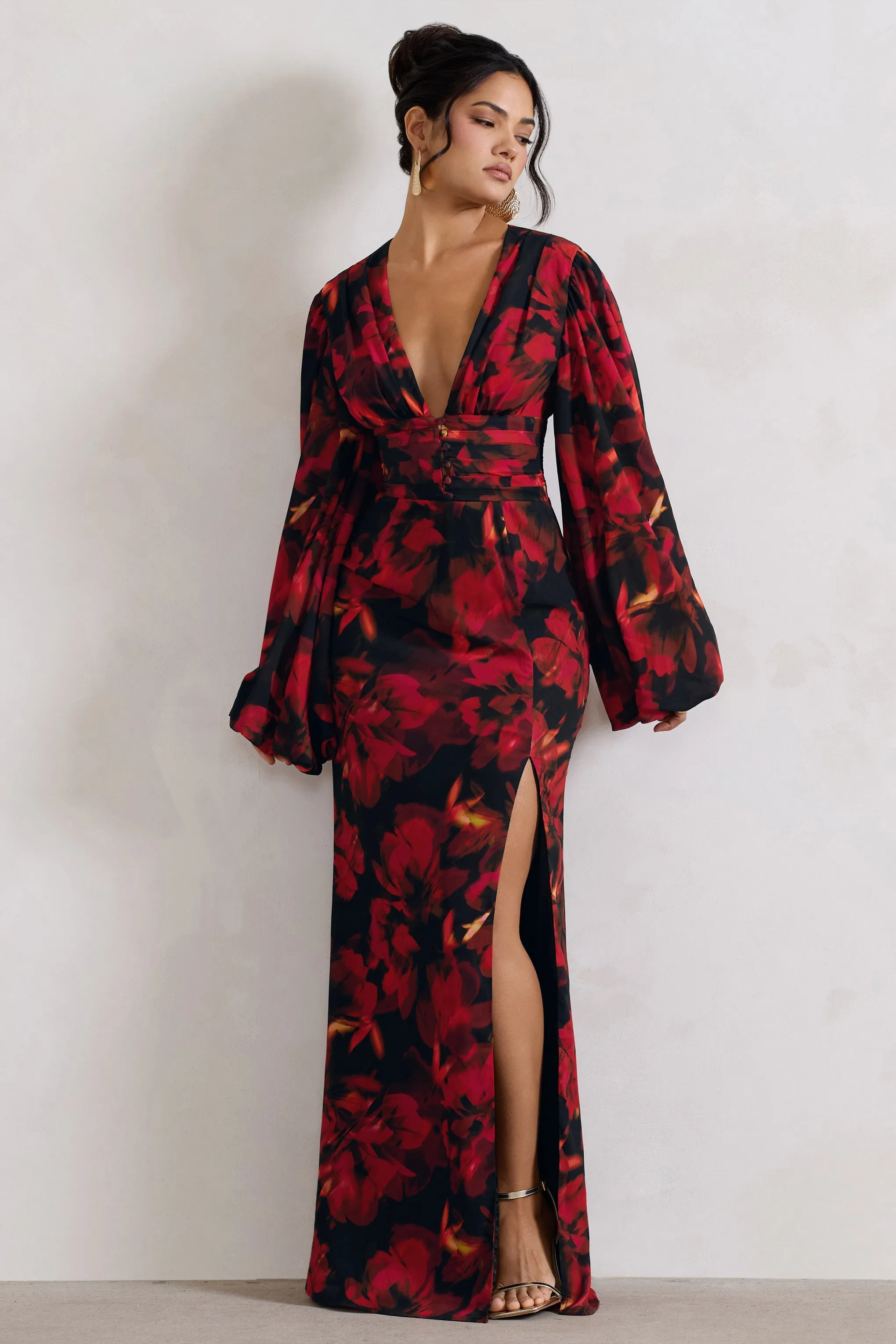 Casarile | Red Floral Print V-Neck Balloon Sleeve Maxi Dress sold by Club L London