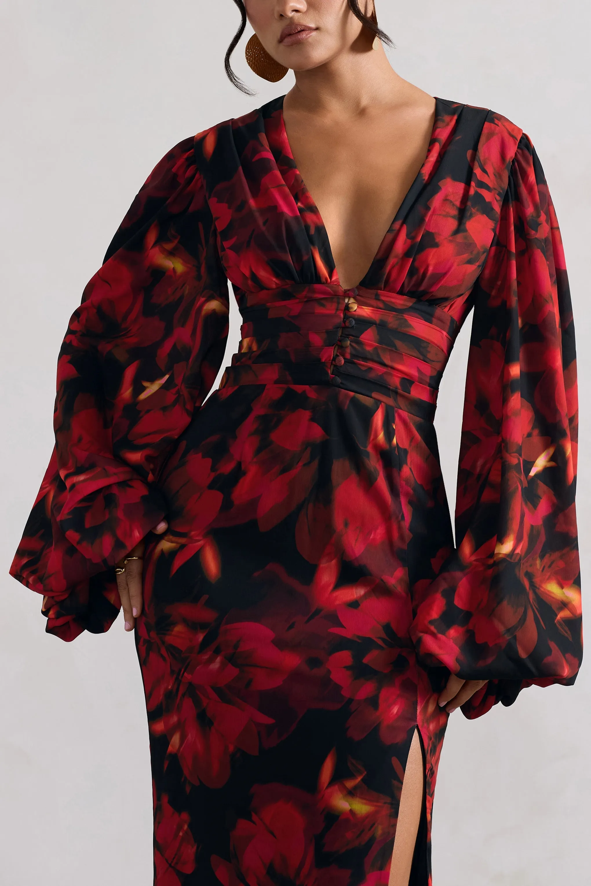 Casarile | Red Floral Print V-Neck Balloon Sleeve Maxi Dress sold by Club L London product image thumbnail 5