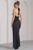 Evalina | Black High-Neck Open-Back Panelled Split Maxi Dress sold by Club L London