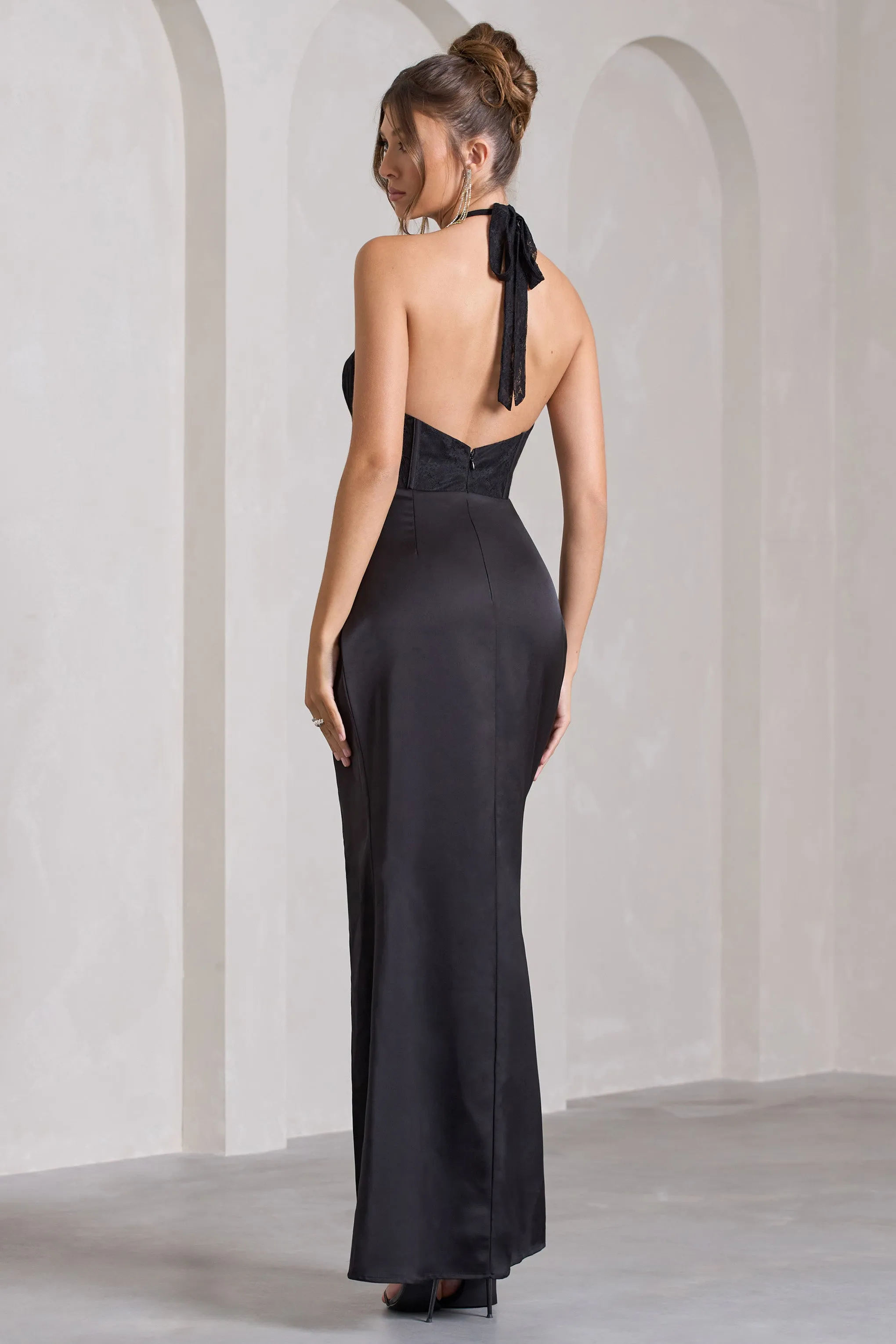 Evalina | Black High-Neck Open-Back Panelled Split Maxi Dress sold by Club L London product image thumbnail 2
