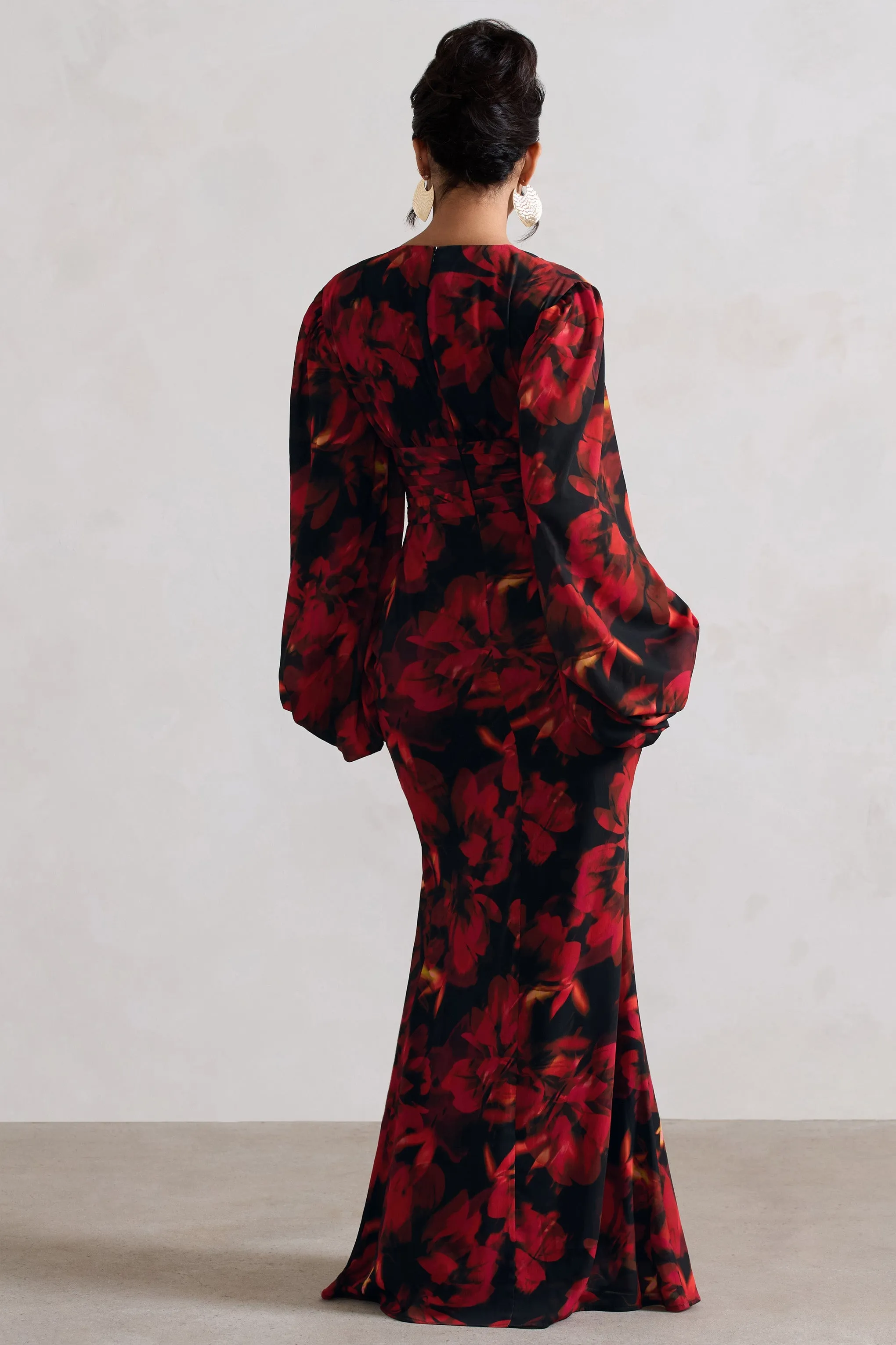 Casarile | Red Floral Print V-Neck Balloon Sleeve Maxi Dress sold by Club L London product image thumbnail 2