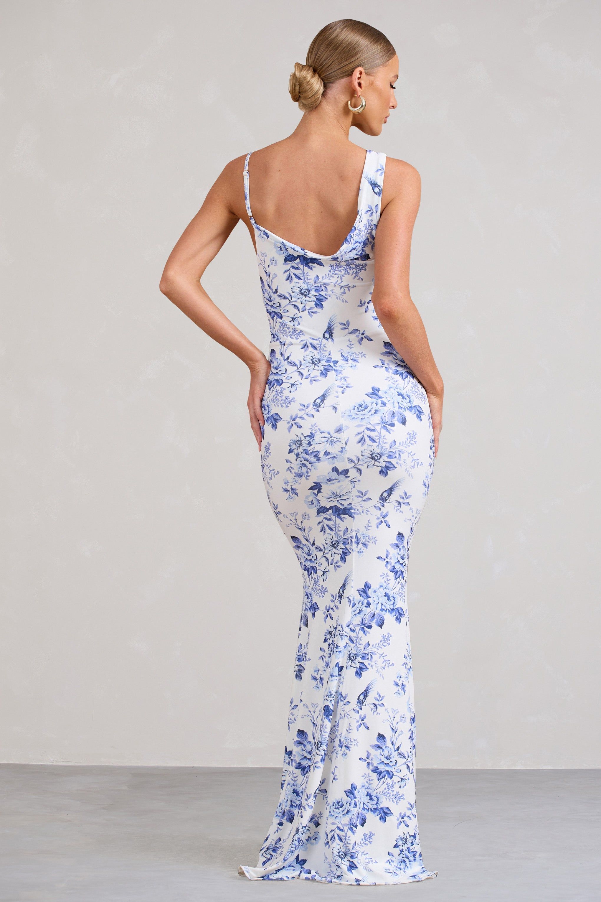 Phantasy | Blue Floral Print Asymmetric Neckline Cowl Maxi Dress sold by Club L London product image thumbnail 2