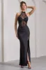 Evalina | Black High-Neck Open-Back Panelled Split Maxi Dress sold by Club L London