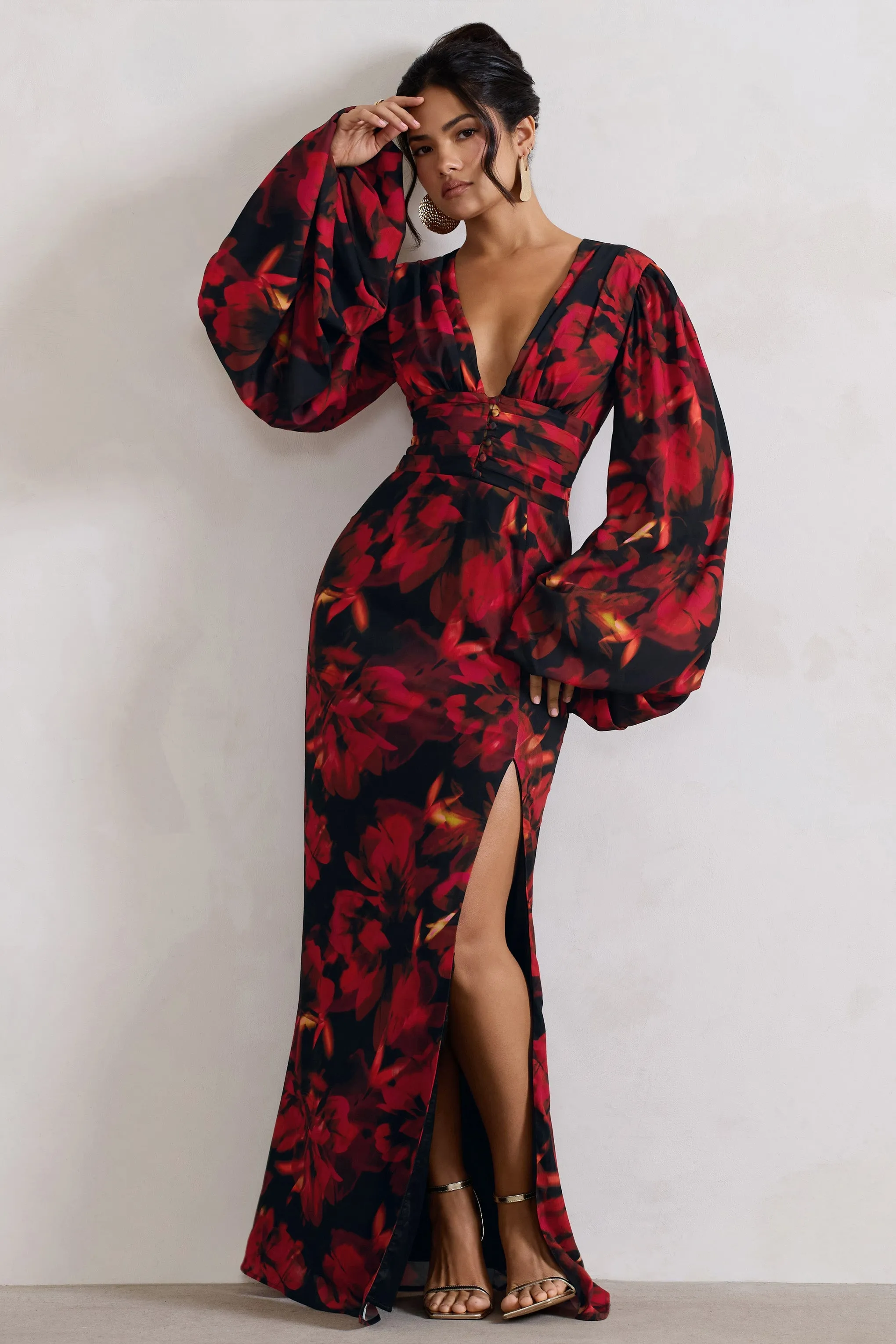 Casarile | Red Floral Print V-Neck Balloon Sleeve Maxi Dress sold by Club L London product image thumbnail 4