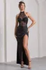Evalina | Black High-Neck Open-Back Panelled Split Maxi Dress sold by Club L London