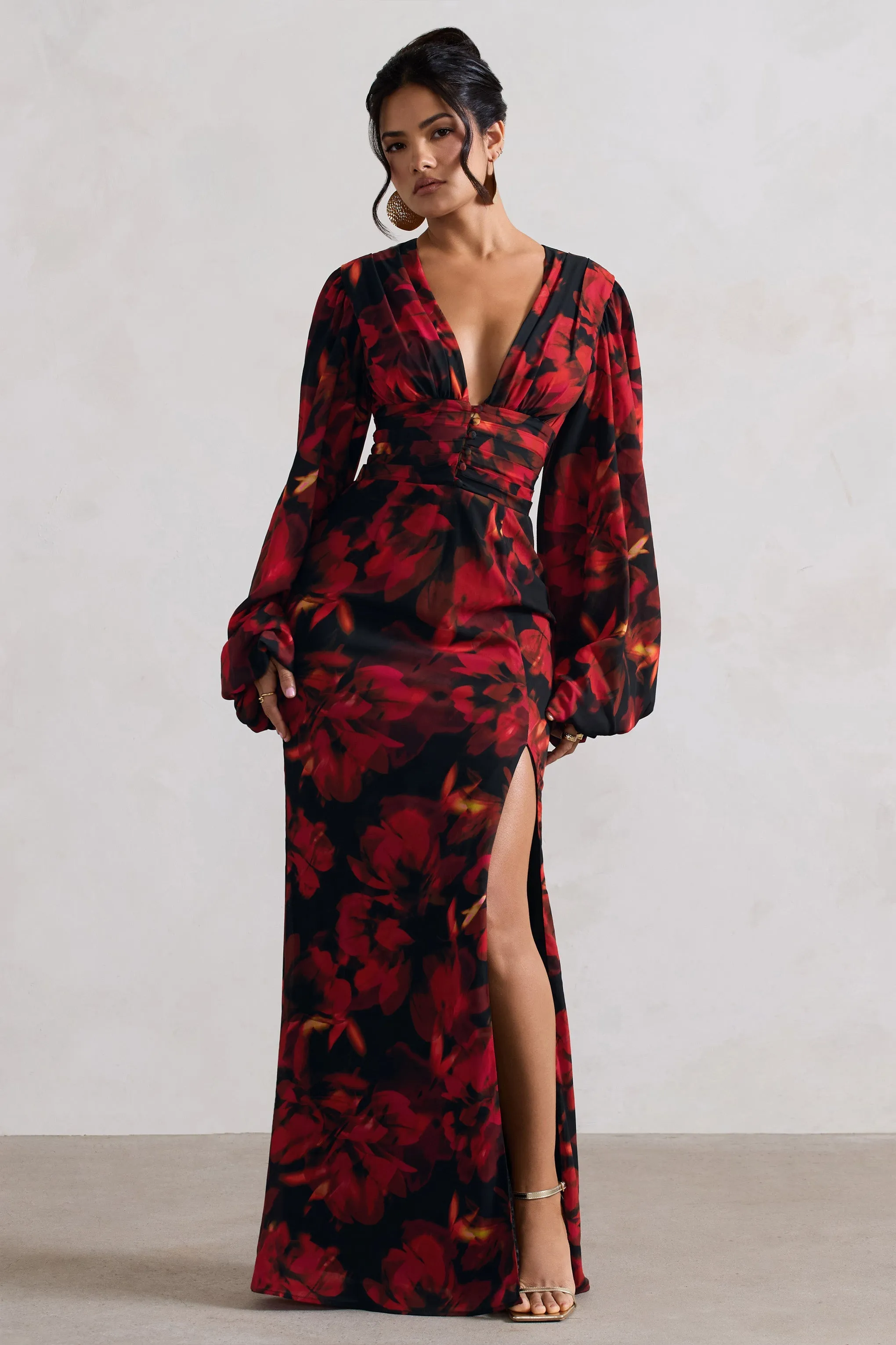 Casarile | Red Floral Print V-Neck Balloon Sleeve Maxi Dress sold by Club L London product image thumbnail 3