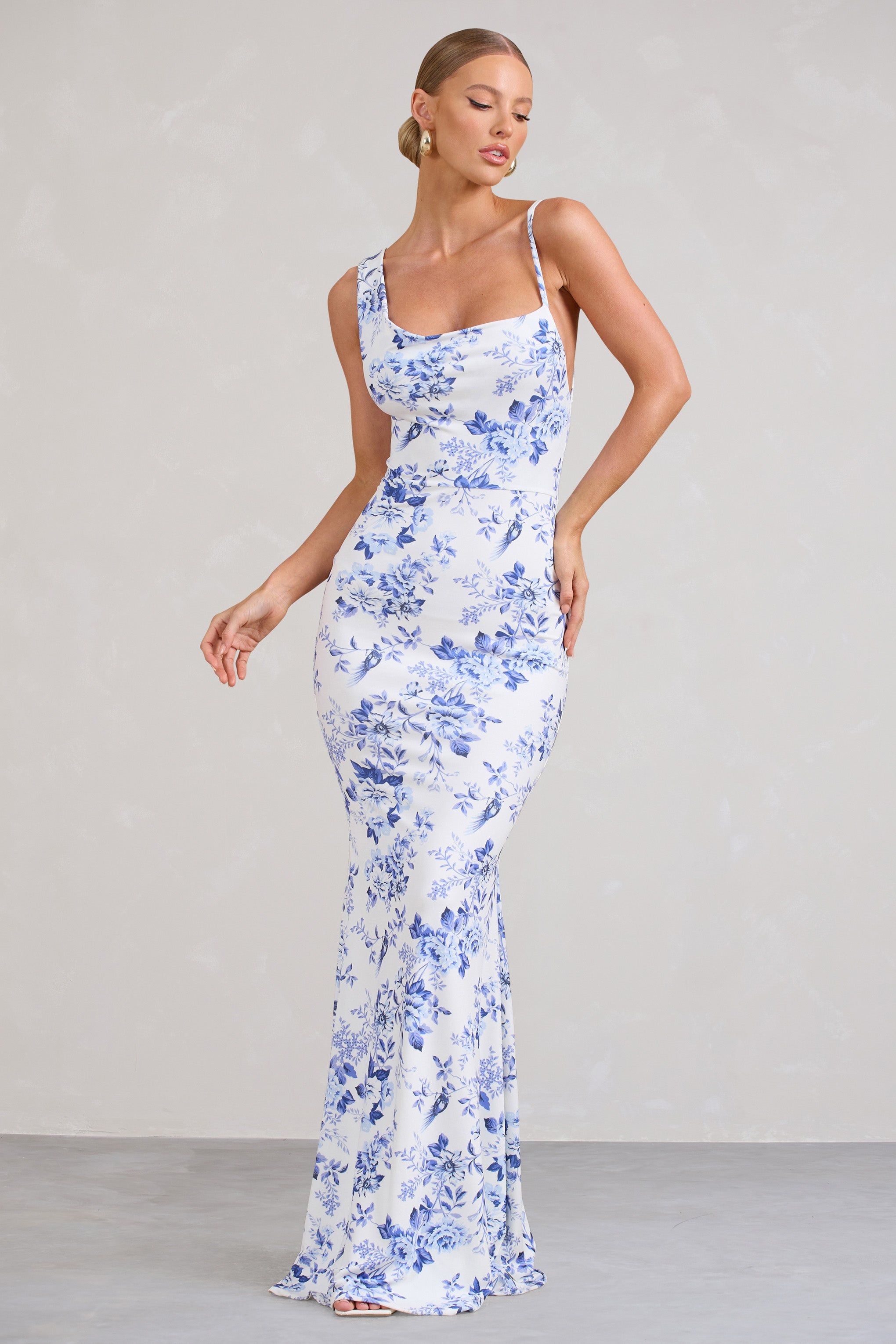 Phantasy | Blue Floral Print Asymmetric Neckline Cowl Maxi Dress sold by Club L London product image thumbnail 4