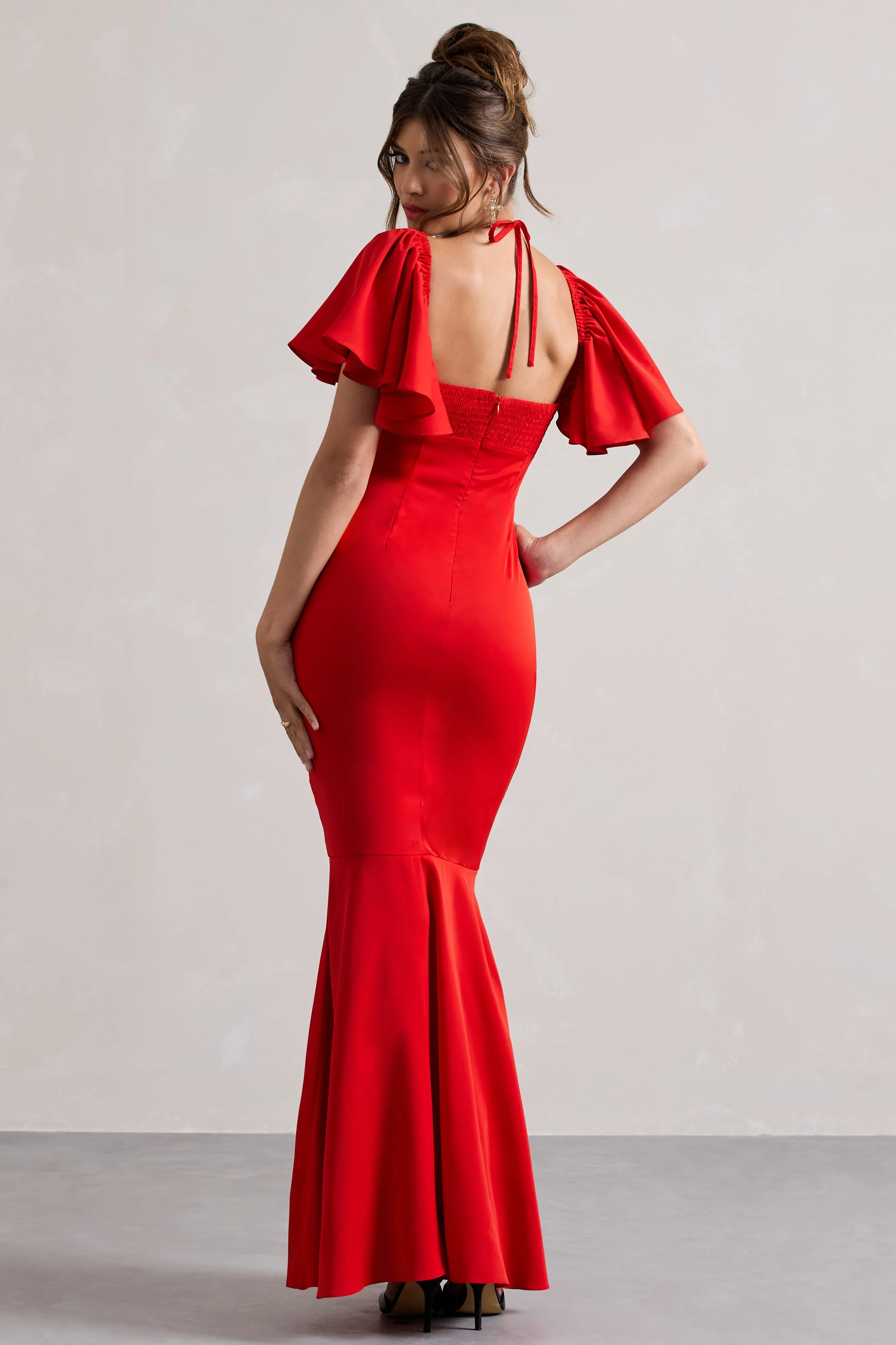 Andora | Red Halter Neck Flutter Sleeve Maxi Dress With Flared Hem sold by Club L London product image thumbnail 5