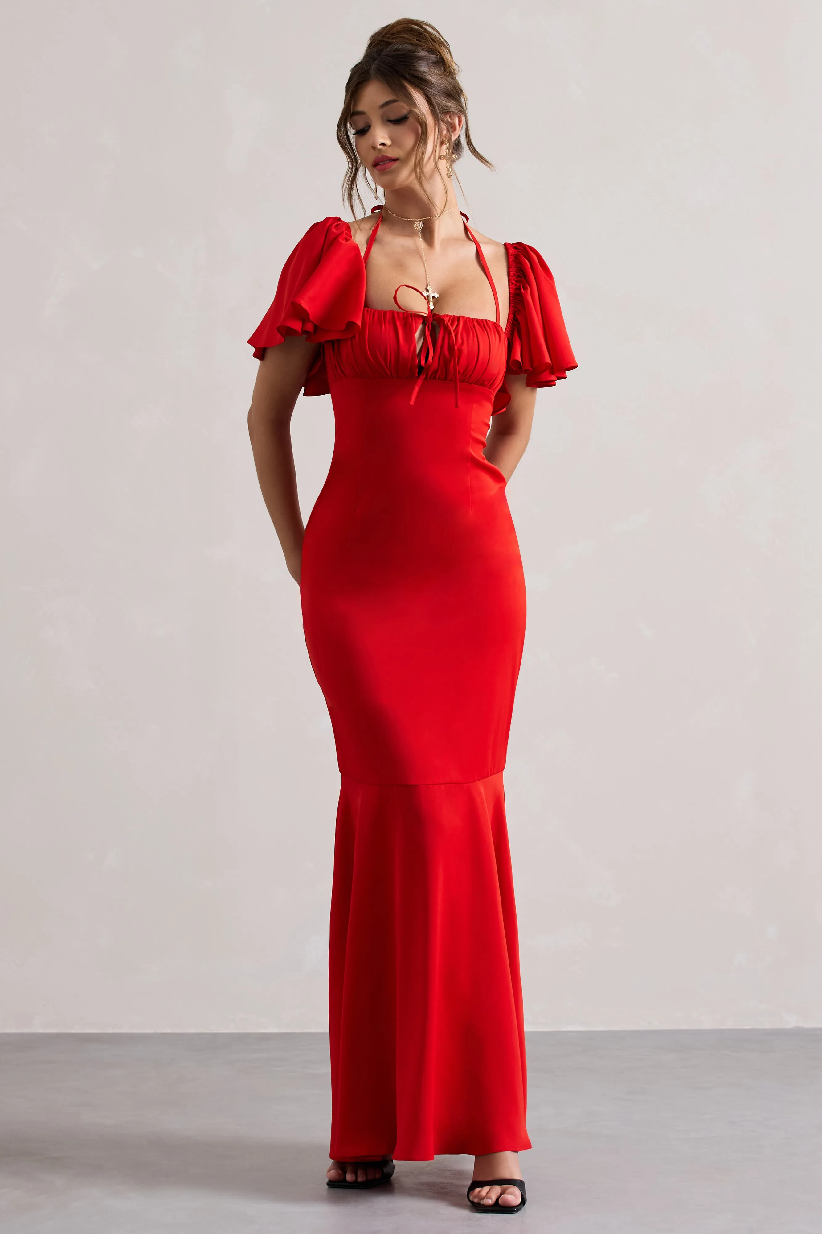 Andora | Red Halter Neck Flutter Sleeve Maxi Dress With Flared Hem sold by Club L London product image thumbnail 4