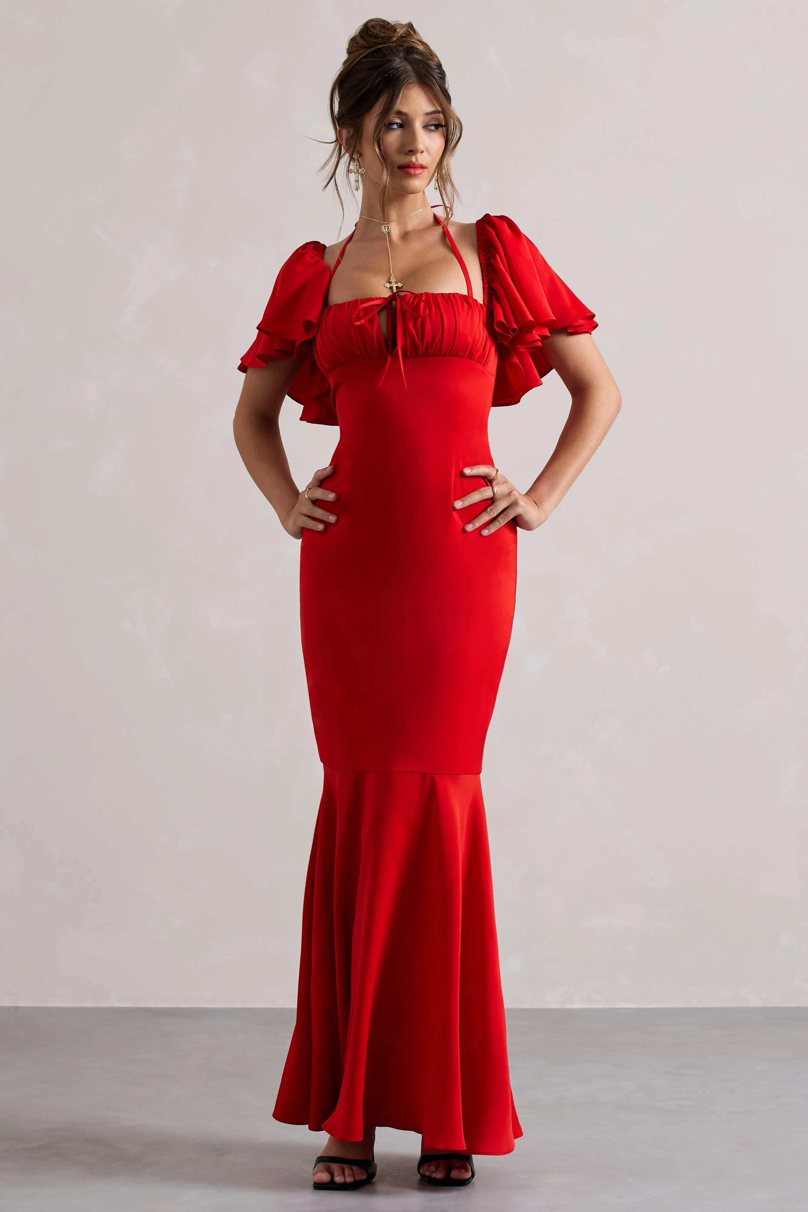 Andora | Red Halter Neck Flutter Sleeve Maxi Dress With Flared Hem sold by Club L London product image thumbnail 2