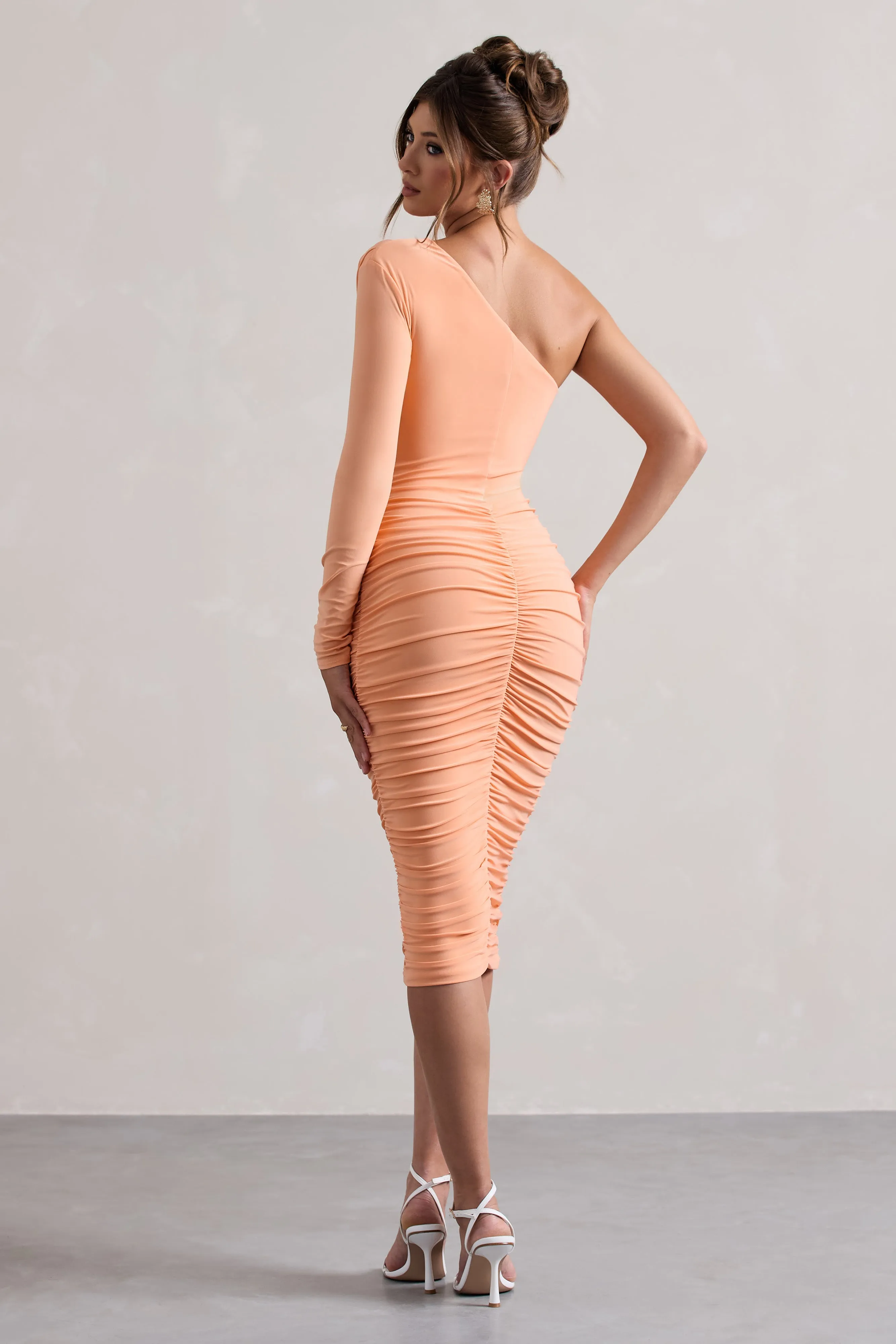 In The Shadows | Coral One Sleeve Midi Dress With Ruching sold by Club L London product image thumbnail 2