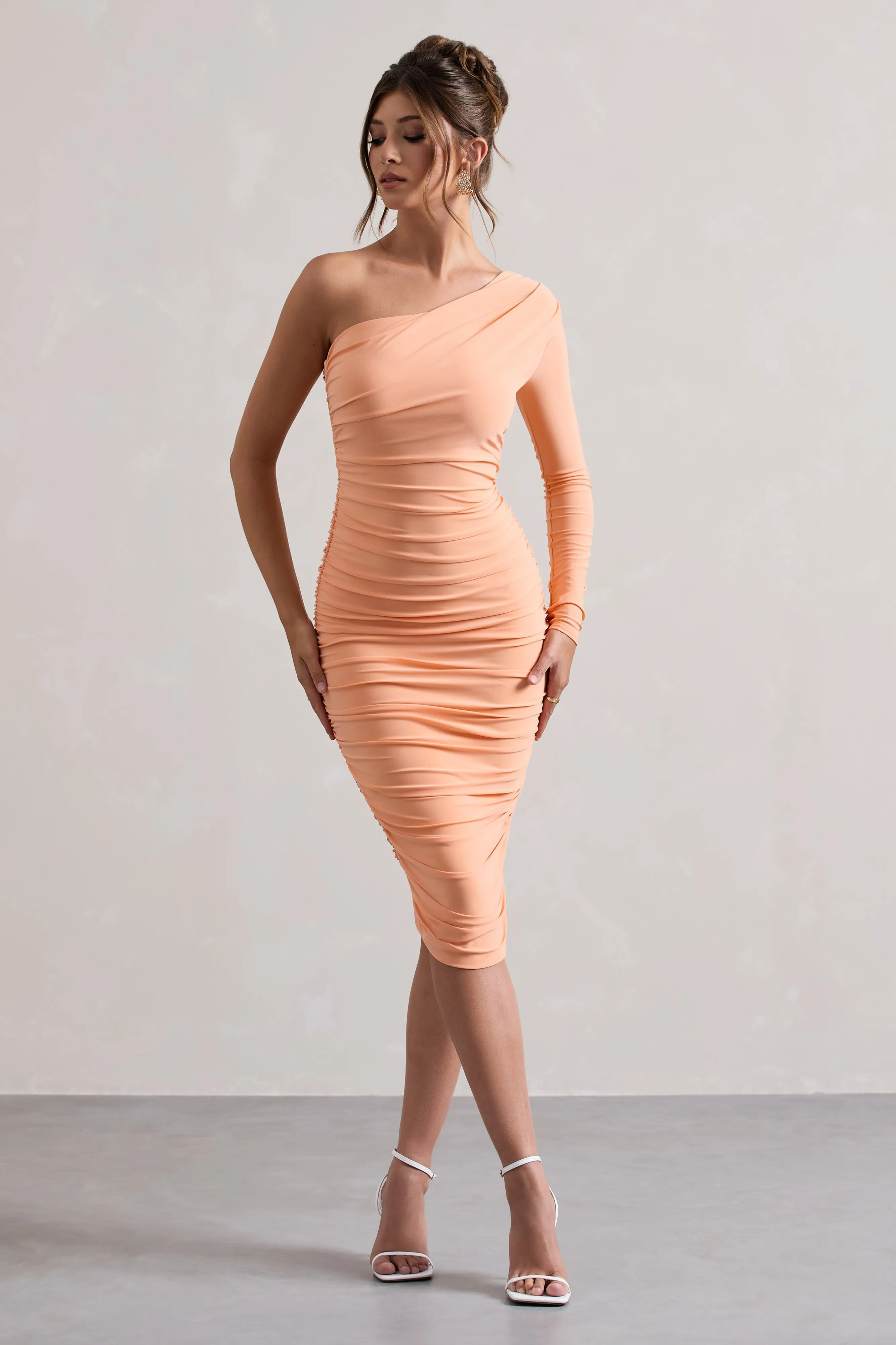 In The Shadows | Coral One Sleeve Midi Dress With Ruching sold by Club L London product image thumbnail 4