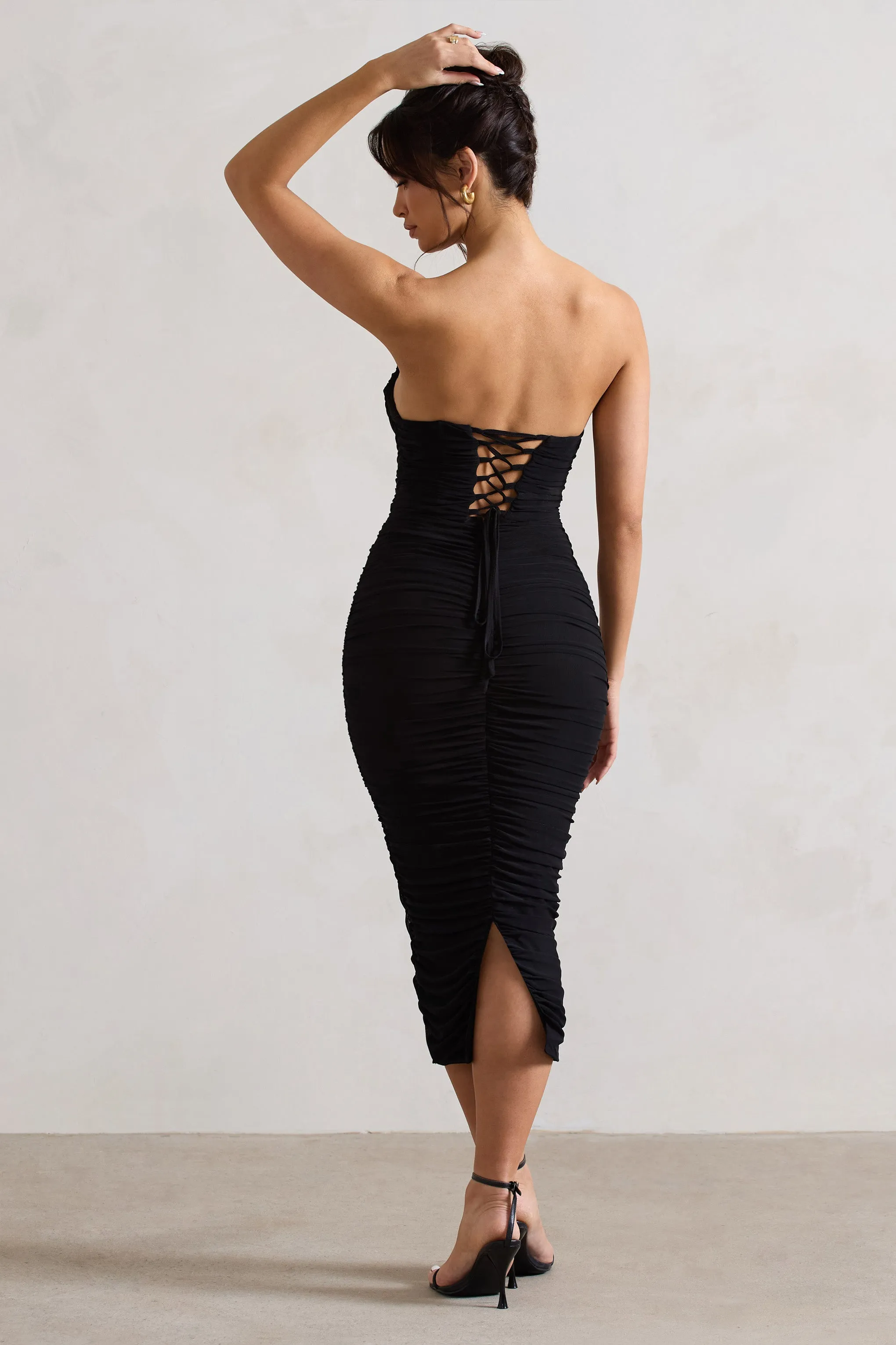 Nylah | Black Ruched Corset Bodycon Midi Dress sold by Club L London product image thumbnail 2