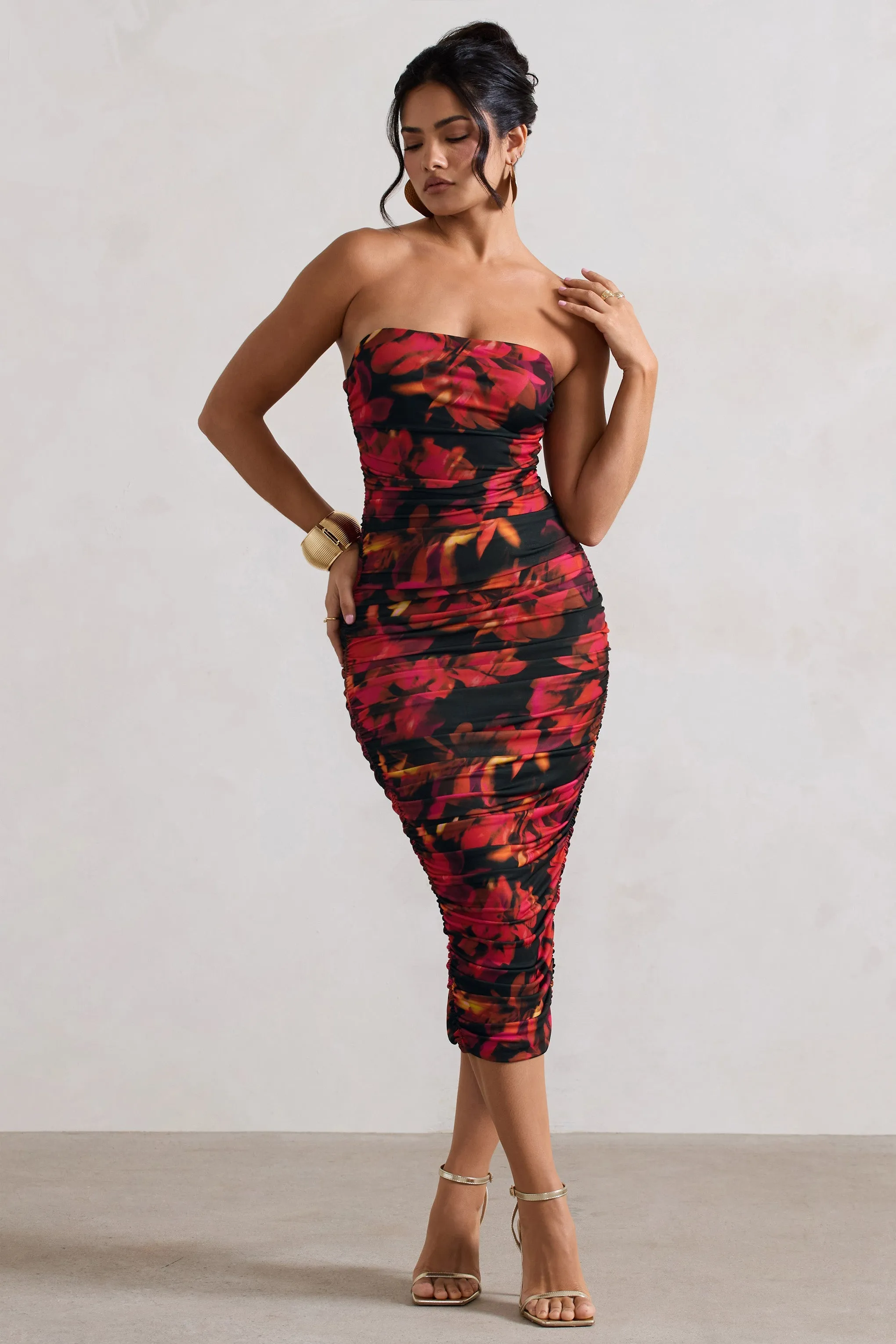 Inara | Red Floral Print Strapless Ruched Midi Dress sold by Club L London product image thumbnail 5