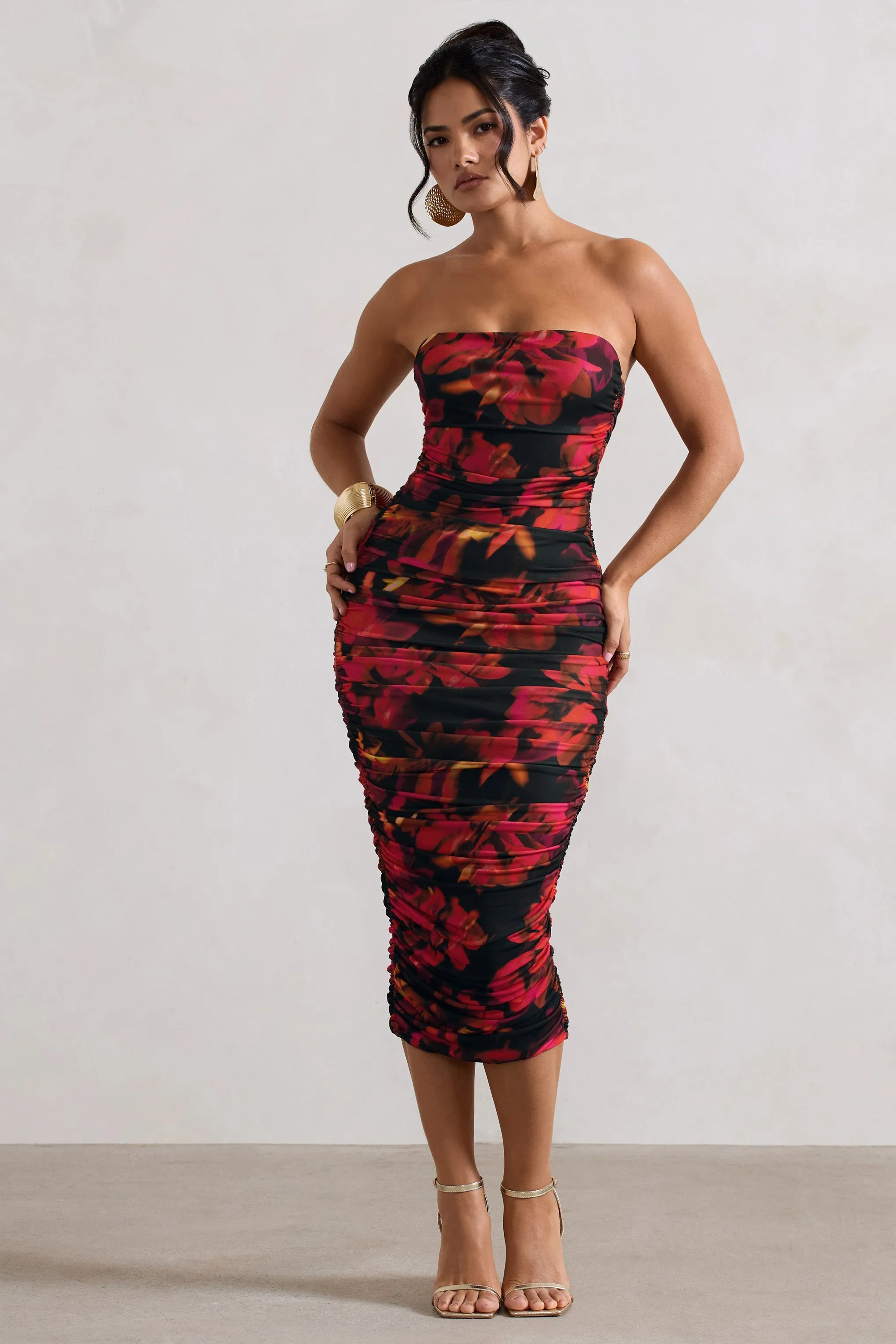 Inara | Red Floral Print Strapless Ruched Midi Dress sold by Club L London product image thumbnail 4