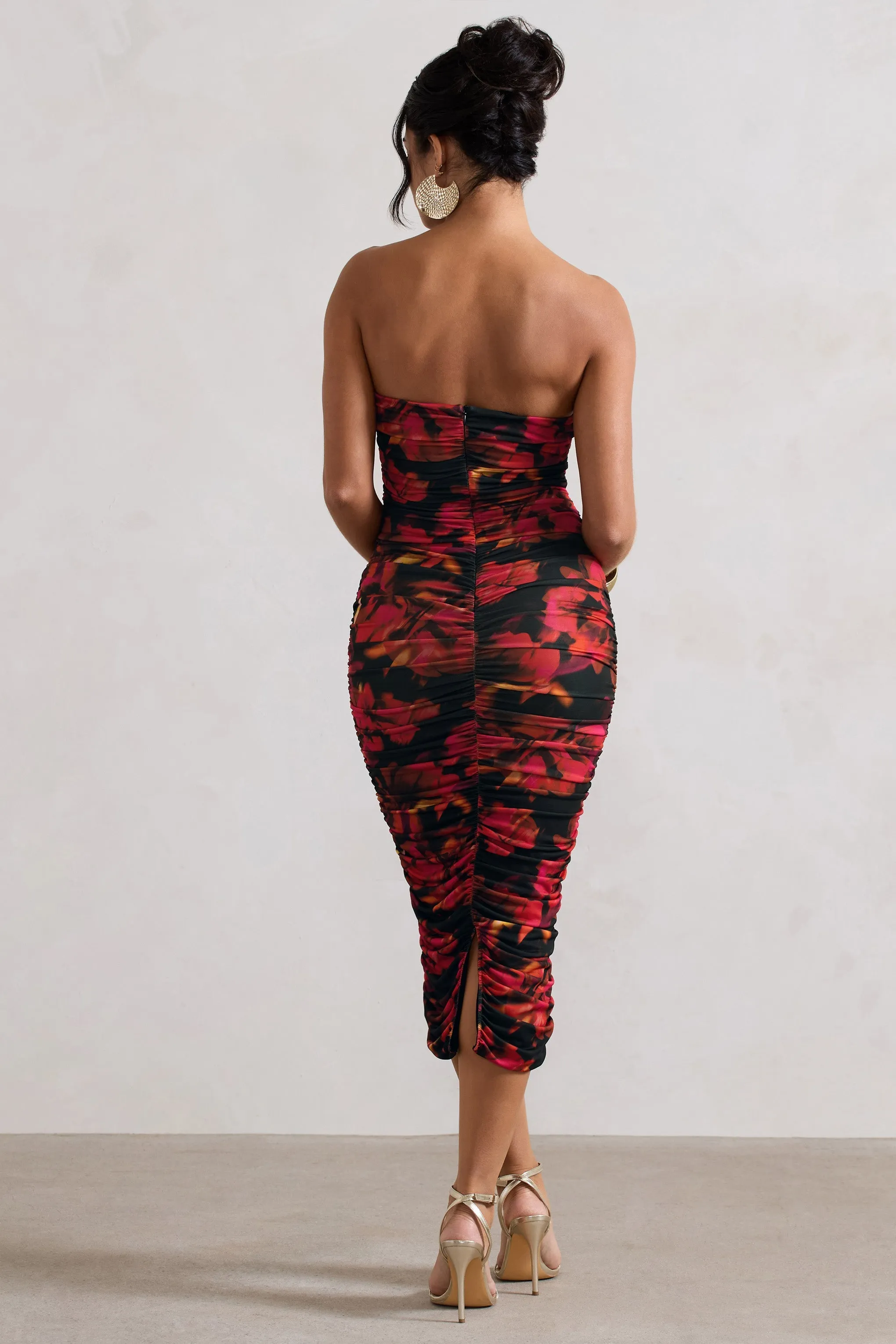 Inara | Red Floral Print Strapless Ruched Midi Dress sold by Club L London product image thumbnail 2
