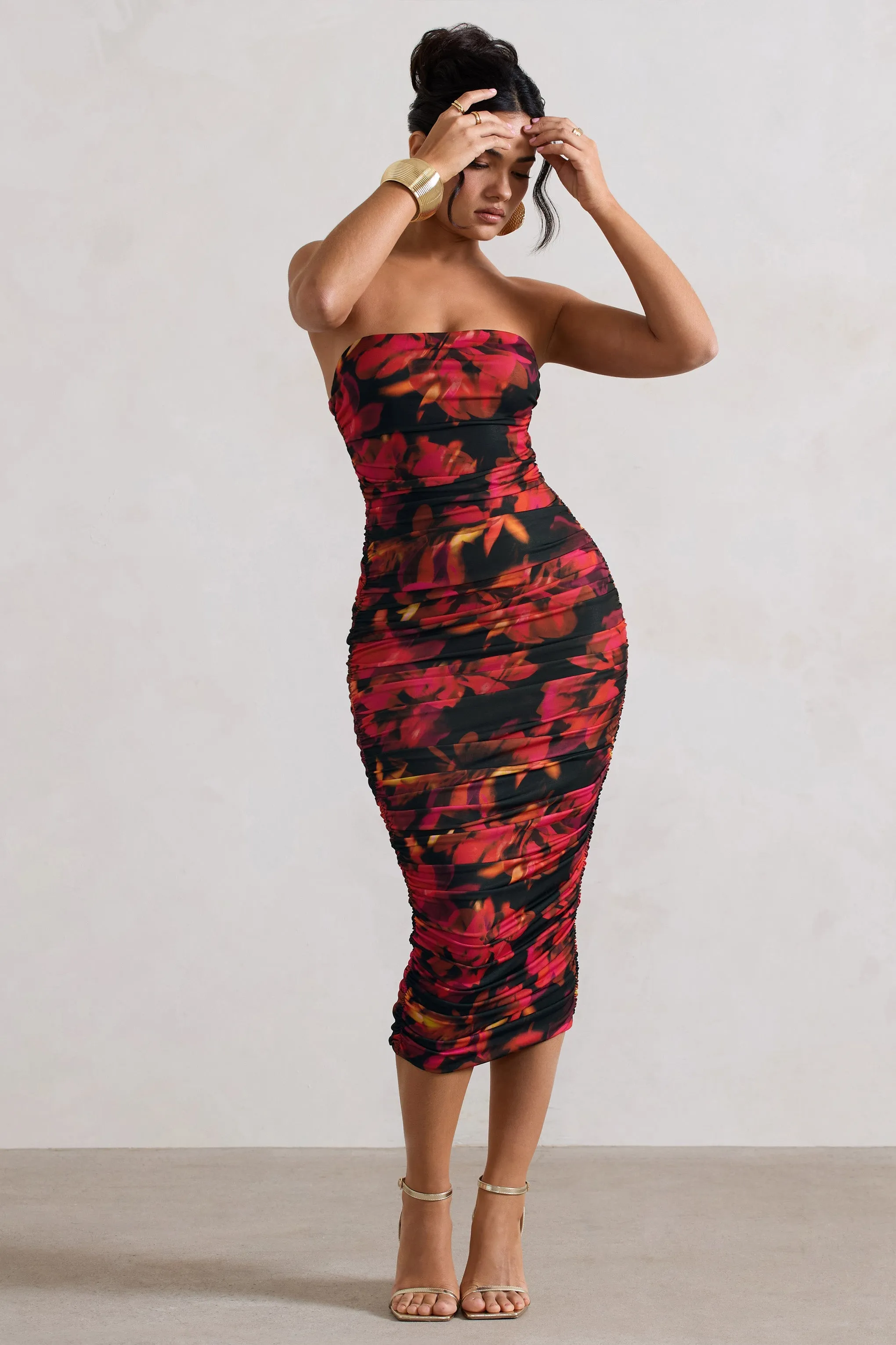 Inara | Red Floral Print Strapless Ruched Midi Dress sold by Club L London