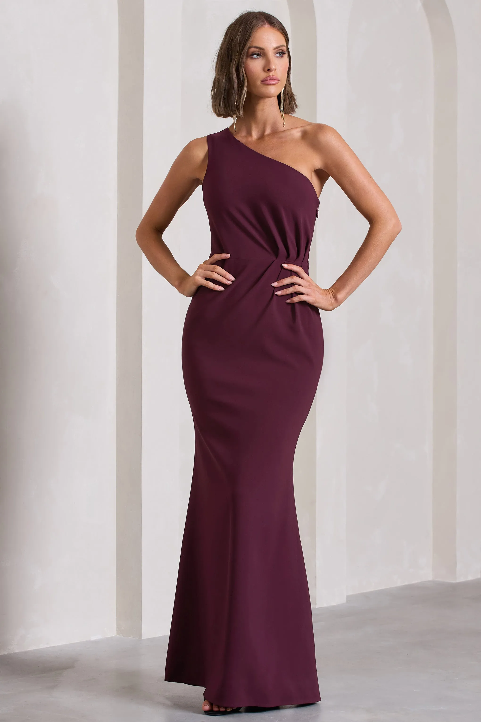 Michelle | Burgundy One-Shoulder Gathered Maxi Dress sold by Club L London product image thumbnail 5