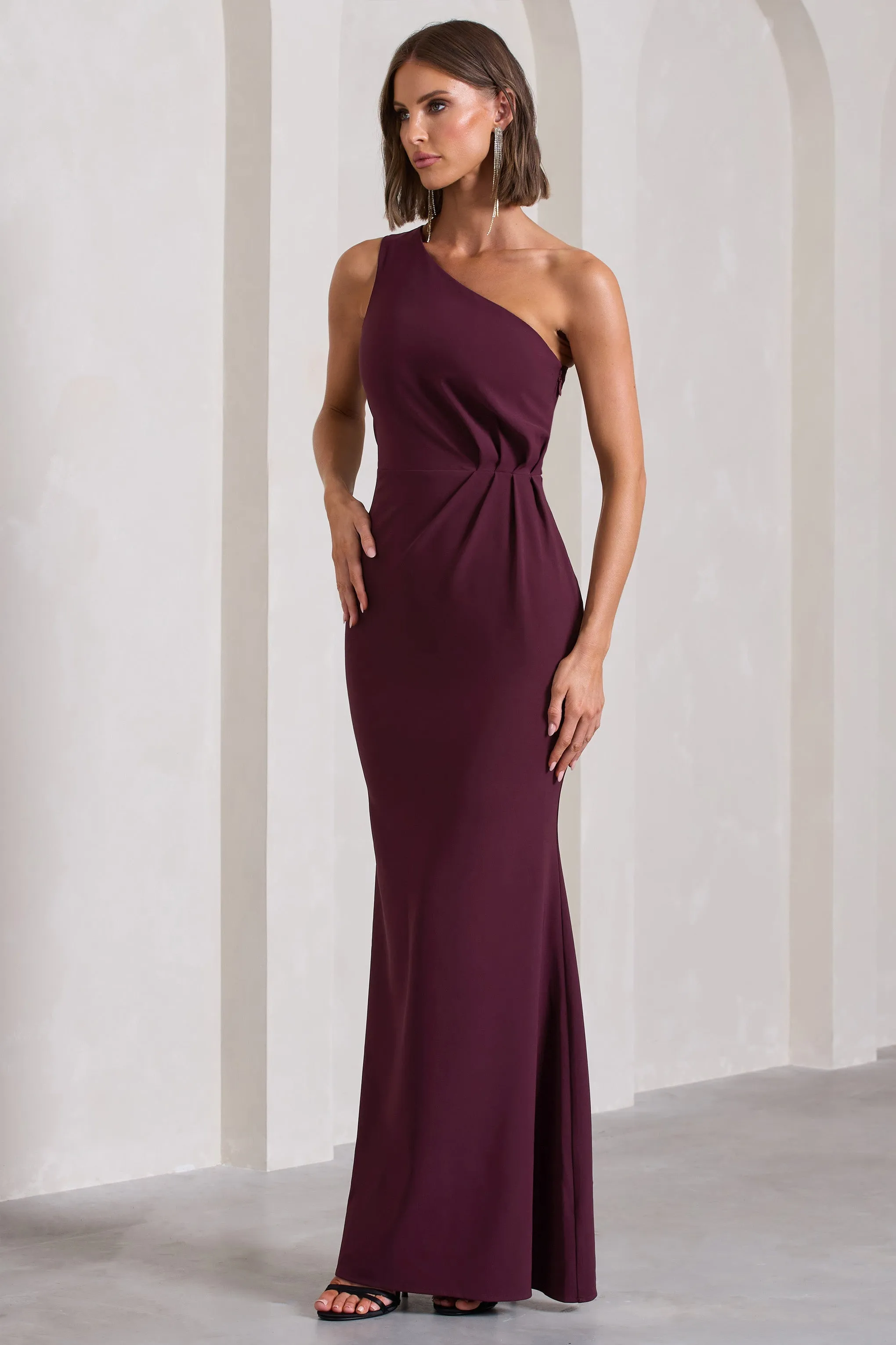 Michelle | Burgundy One-Shoulder Gathered Maxi Dress sold by Club L London product image thumbnail 4