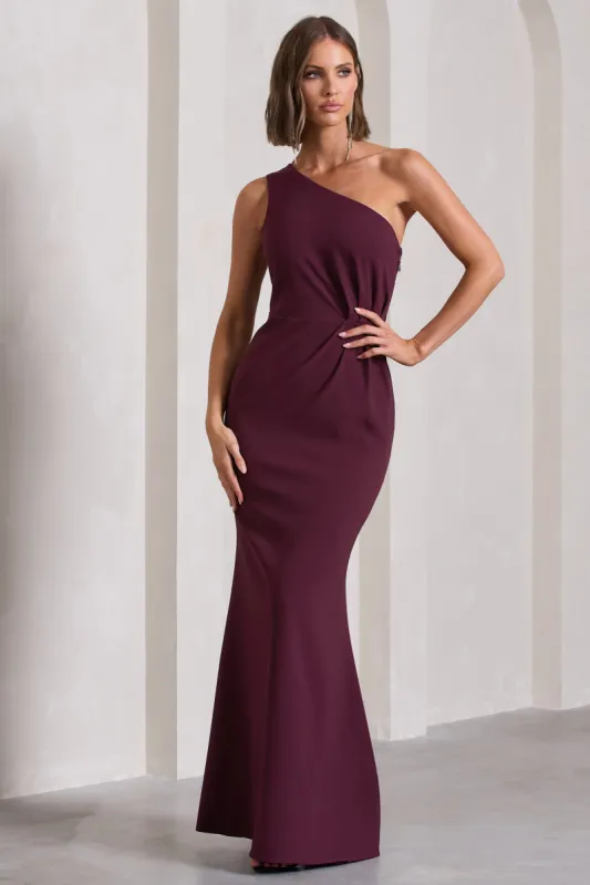 Michelle | Burgundy One-Shoulder Gathered Maxi Dress sold by Club L London