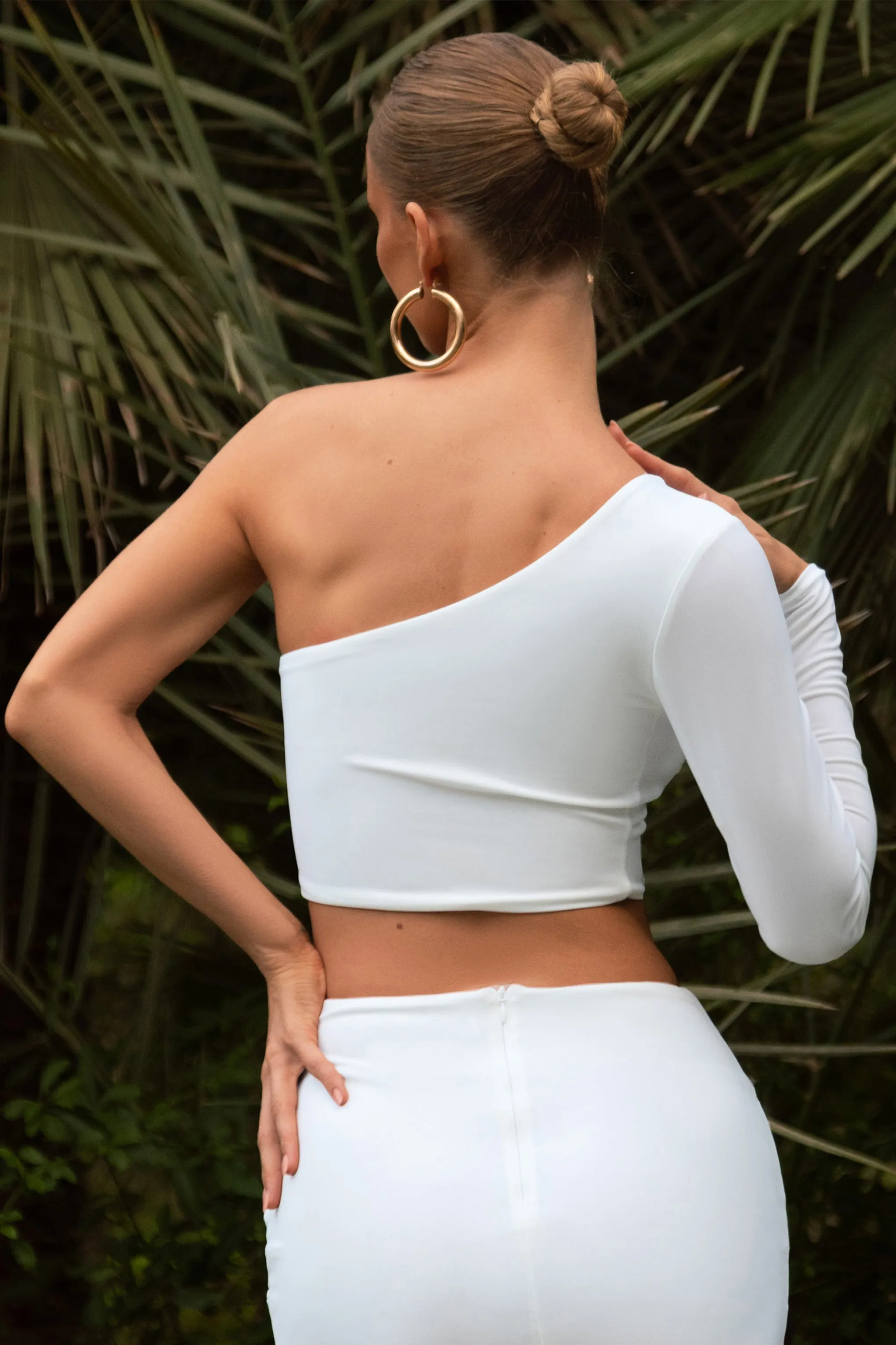 Step Up | White Asymmetric One Shoulder Long Sleeve Crop Top sold by Club L London product image thumbnail 2