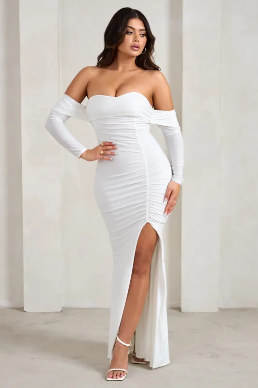 Midnight | White Draped Long Sleeve Maxi Dress sold by Club L London