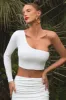 Step Up | White Asymmetric One Shoulder Long Sleeve Crop Top sold by Club L London