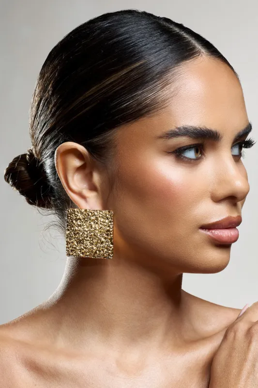 Pixel | Gold Square Hammered Earrings sold by Club L London