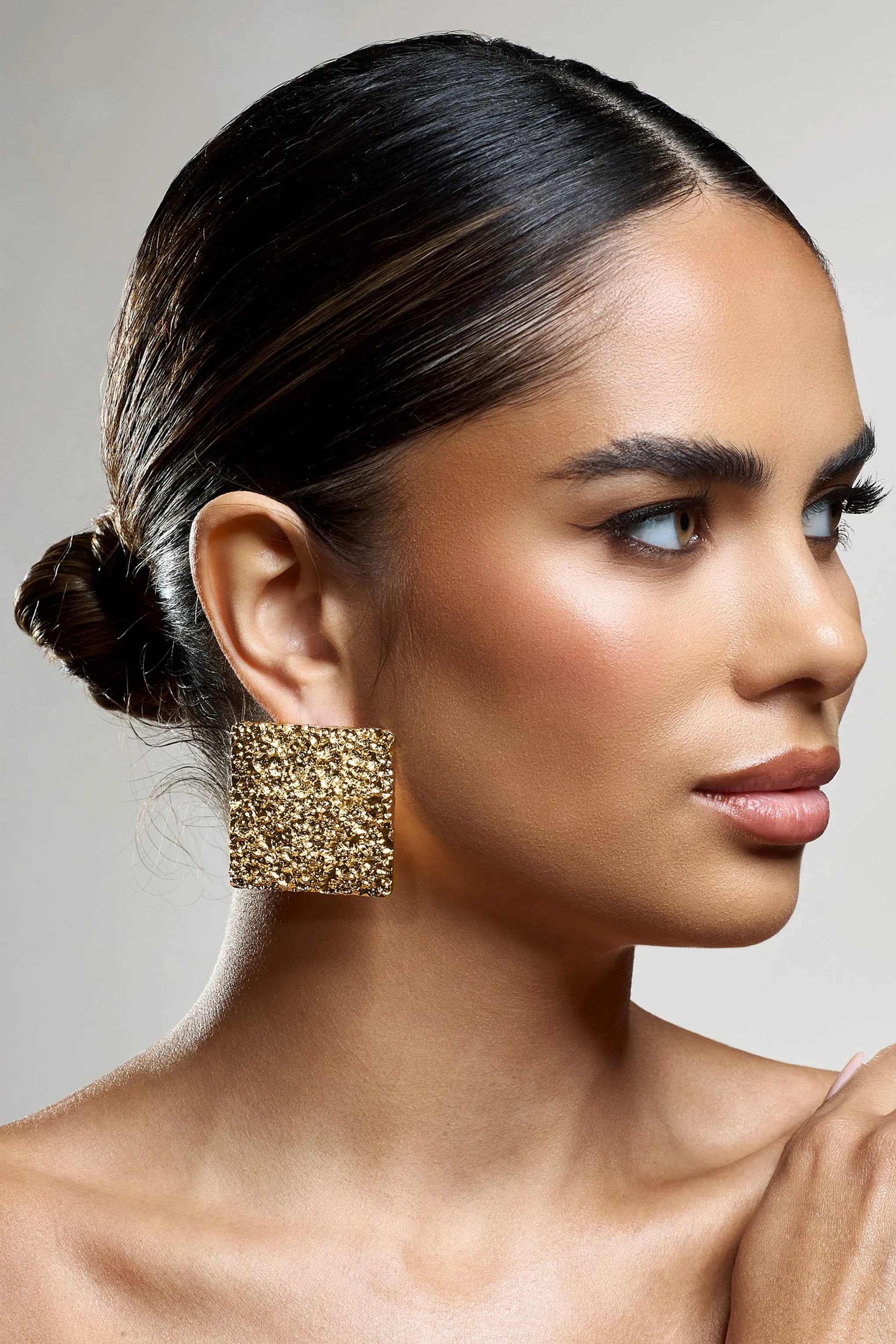 Pixel | Gold Square Hammered Earrings sold by Club L London