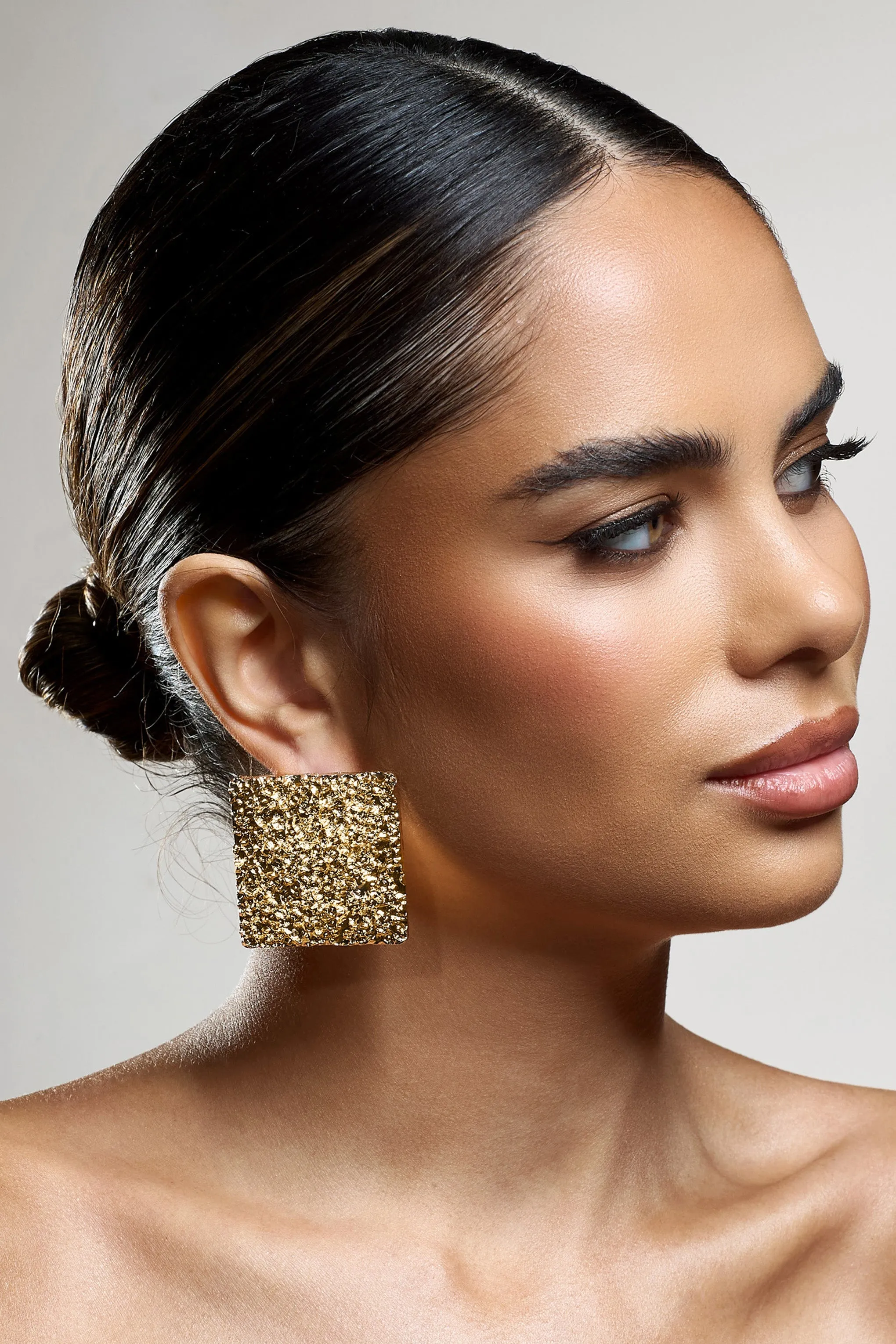 Pixel | Gold Square Hammered Earrings sold by Club L London product image thumbnail 3
