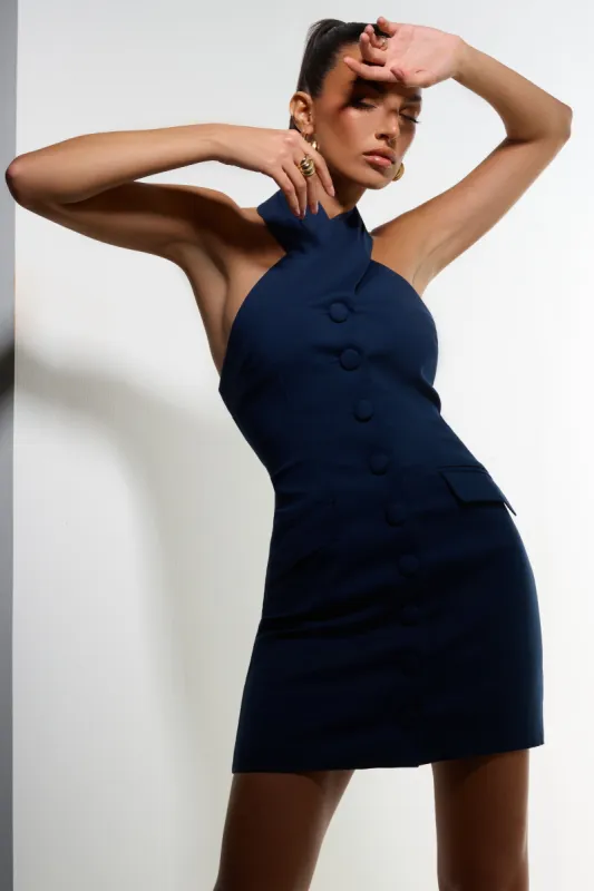 Dani | Navy Halter Neck Tailored Buttoned Bodycon Mini Dress sold by Club L London