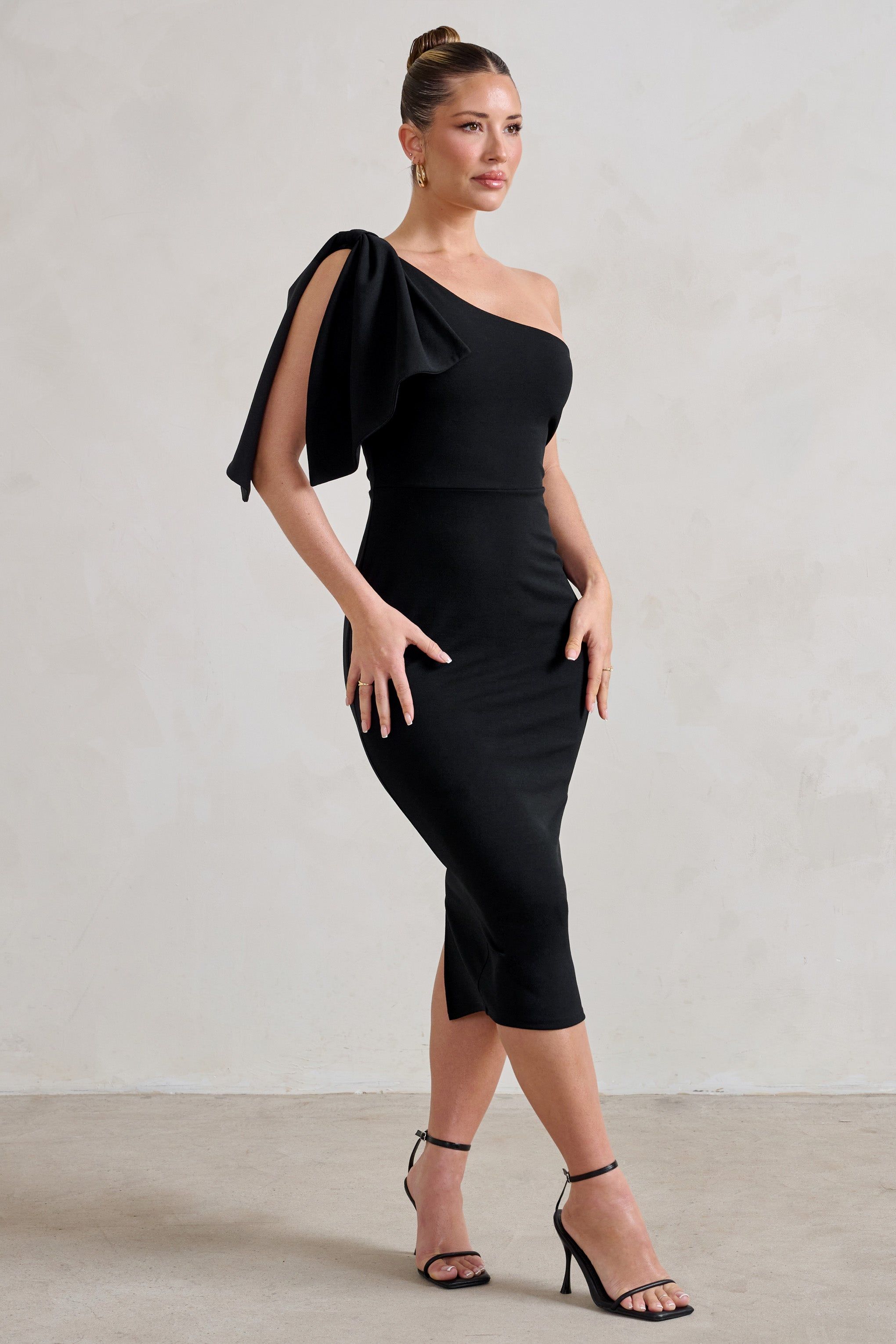 Samantha | Black One Shoulder Bow Detail Midi Dress sold by Club L London product image thumbnail 4