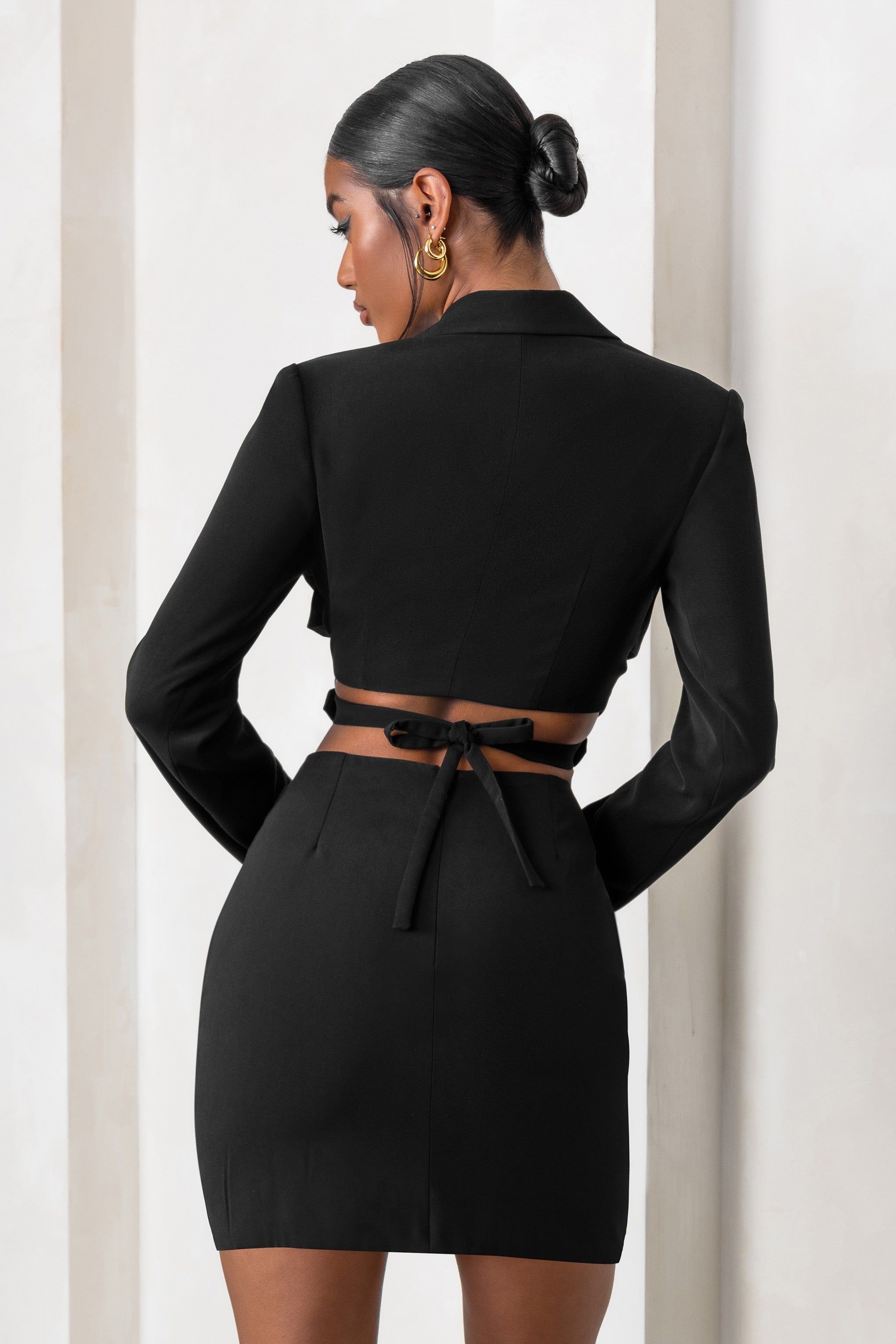 Privilege | Black Plunge Neck Belt Detail Crop Blazer sold by Club L London product image thumbnail 2