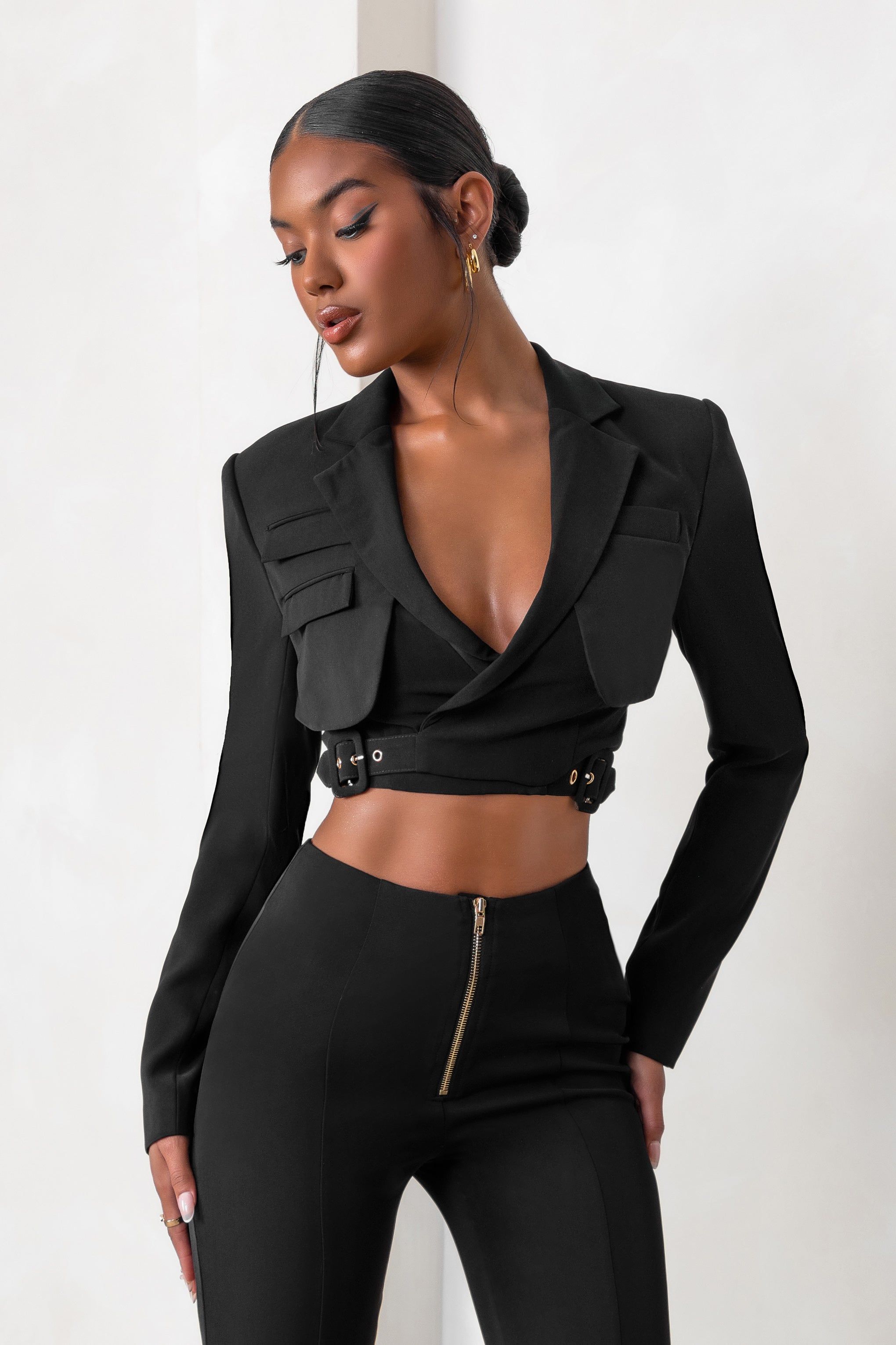 Privilege | Black Plunge Neck Belt Detail Crop Blazer sold by Club L London product image thumbnail 4
