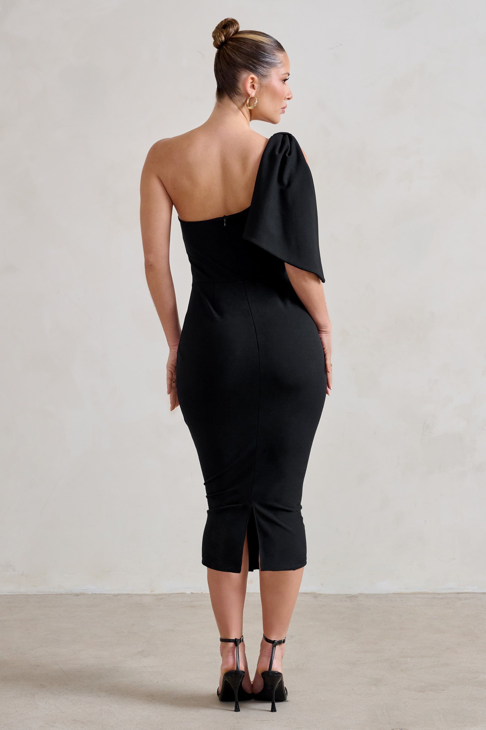 Samantha | Black One Shoulder Bow Detail Midi Dress sold by Club L London product image thumbnail 2