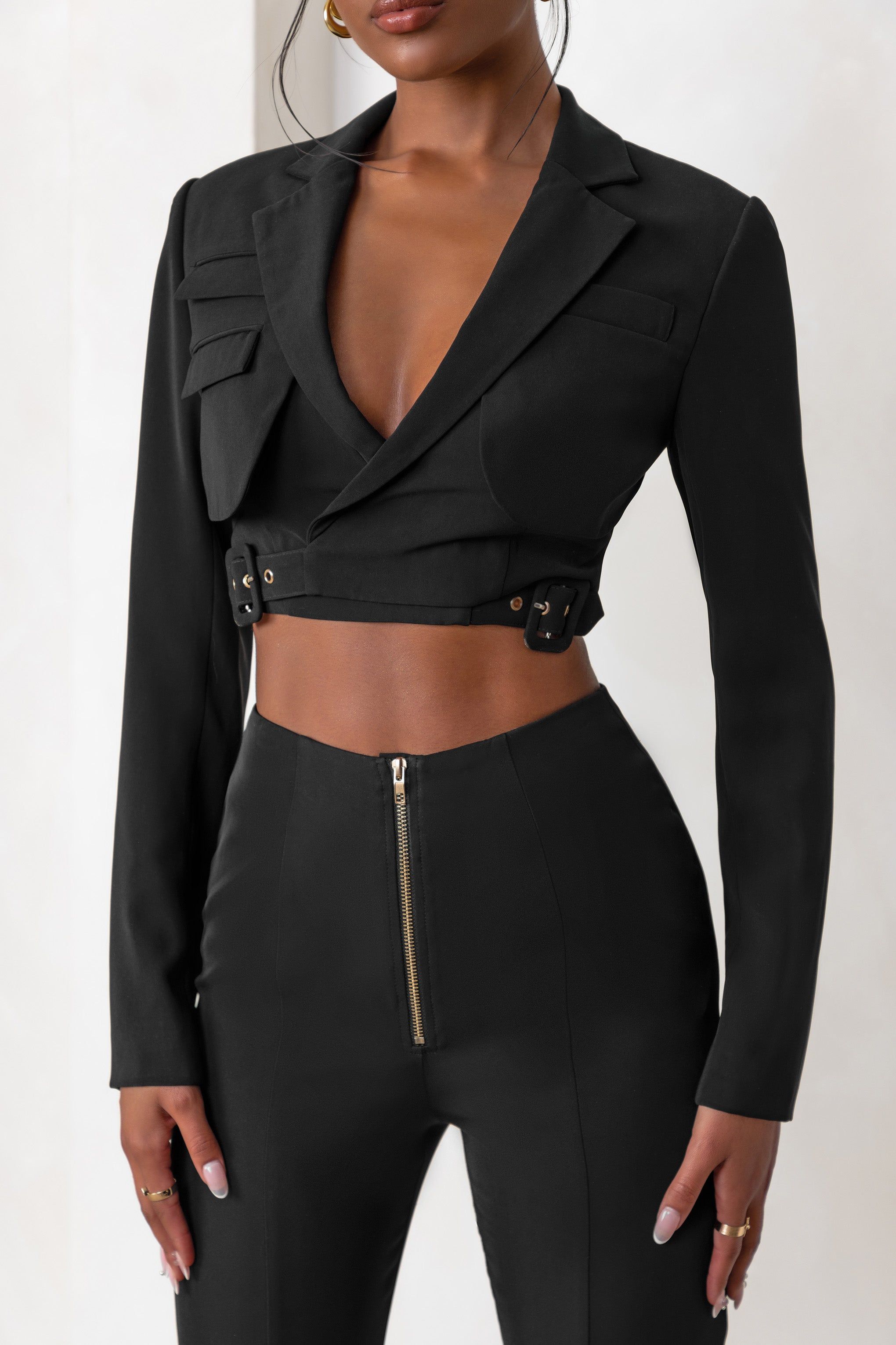 Privilege | Black Plunge Neck Belt Detail Crop Blazer sold by Club L London product image thumbnail 3