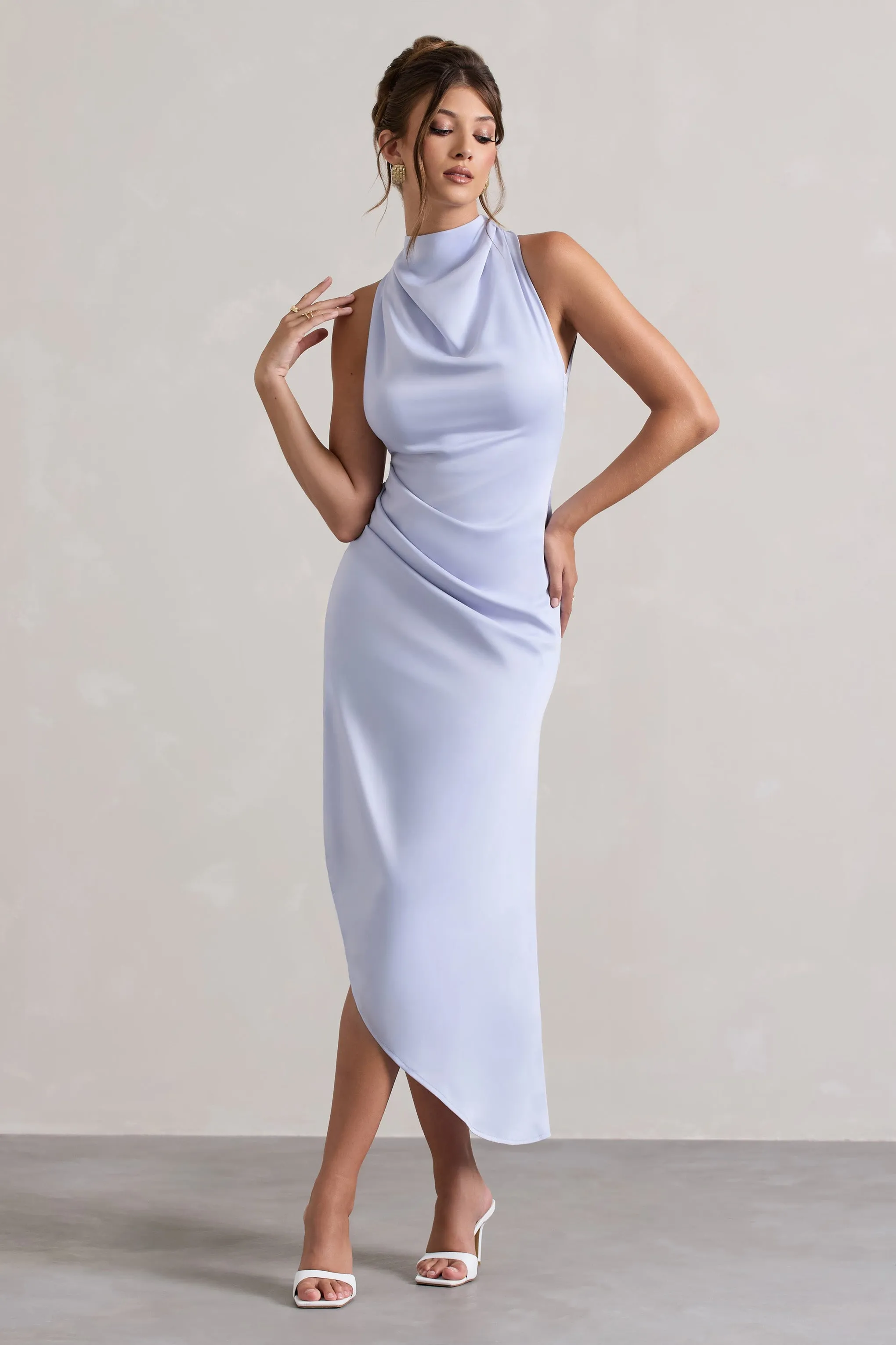 Sophina | Sky Blue Satin Cowl-Neck Asymmetric Midi Dress sold by Club L London product image thumbnail 5