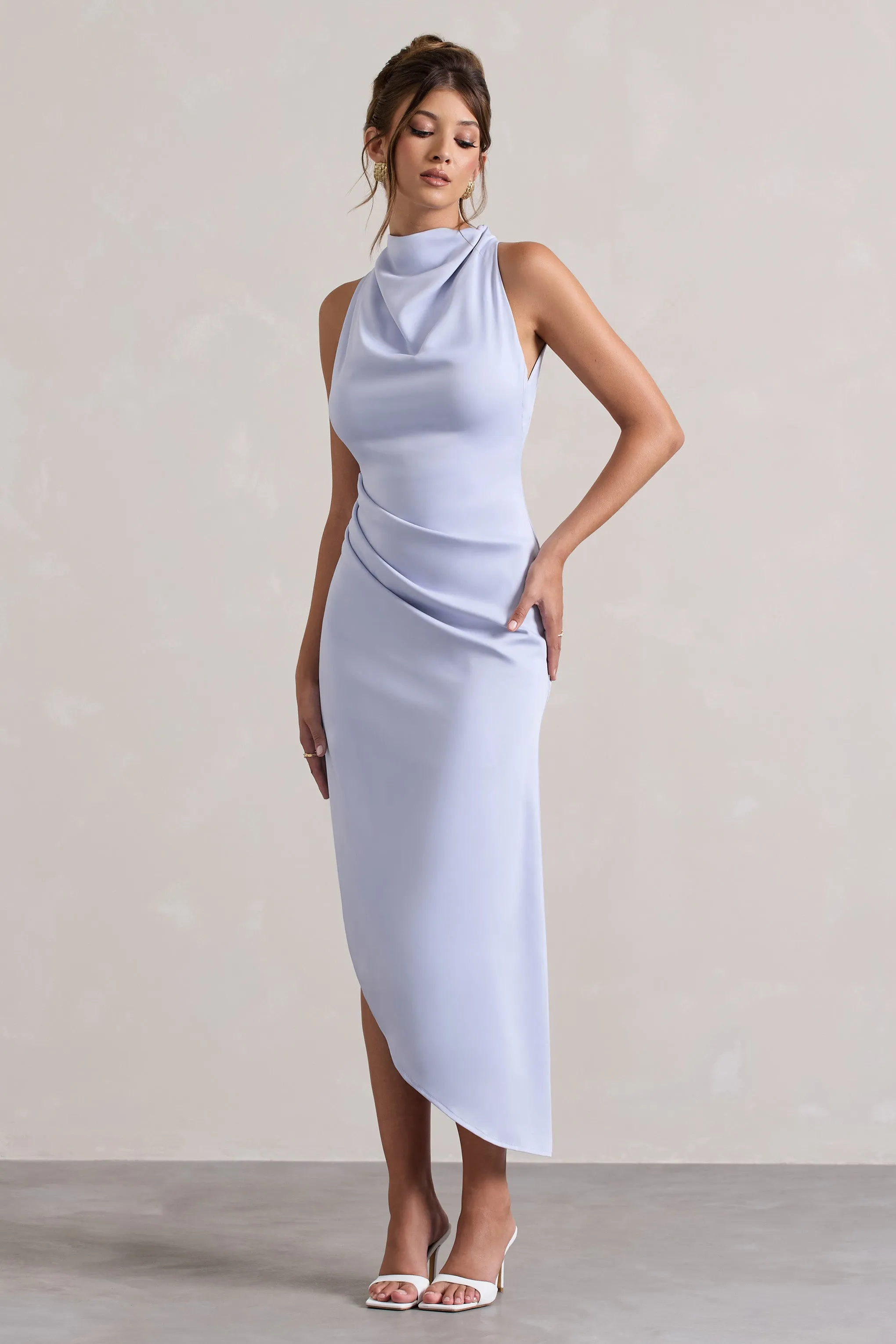 Sophina | Sky Blue Satin Cowl-Neck Asymmetric Midi Dress sold by Club L London product image thumbnail 4