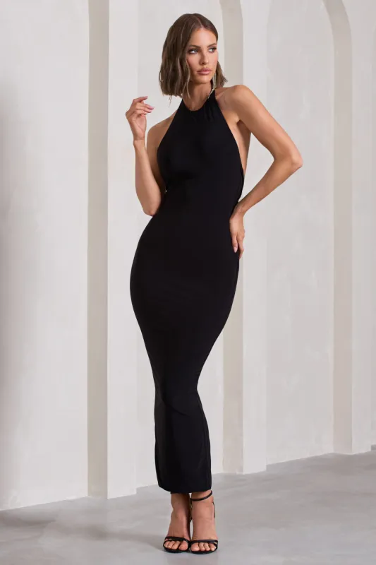 Kirsten | Black Sleeveless Halter-Neck Open-Back Maxi Dress sold by Club L London