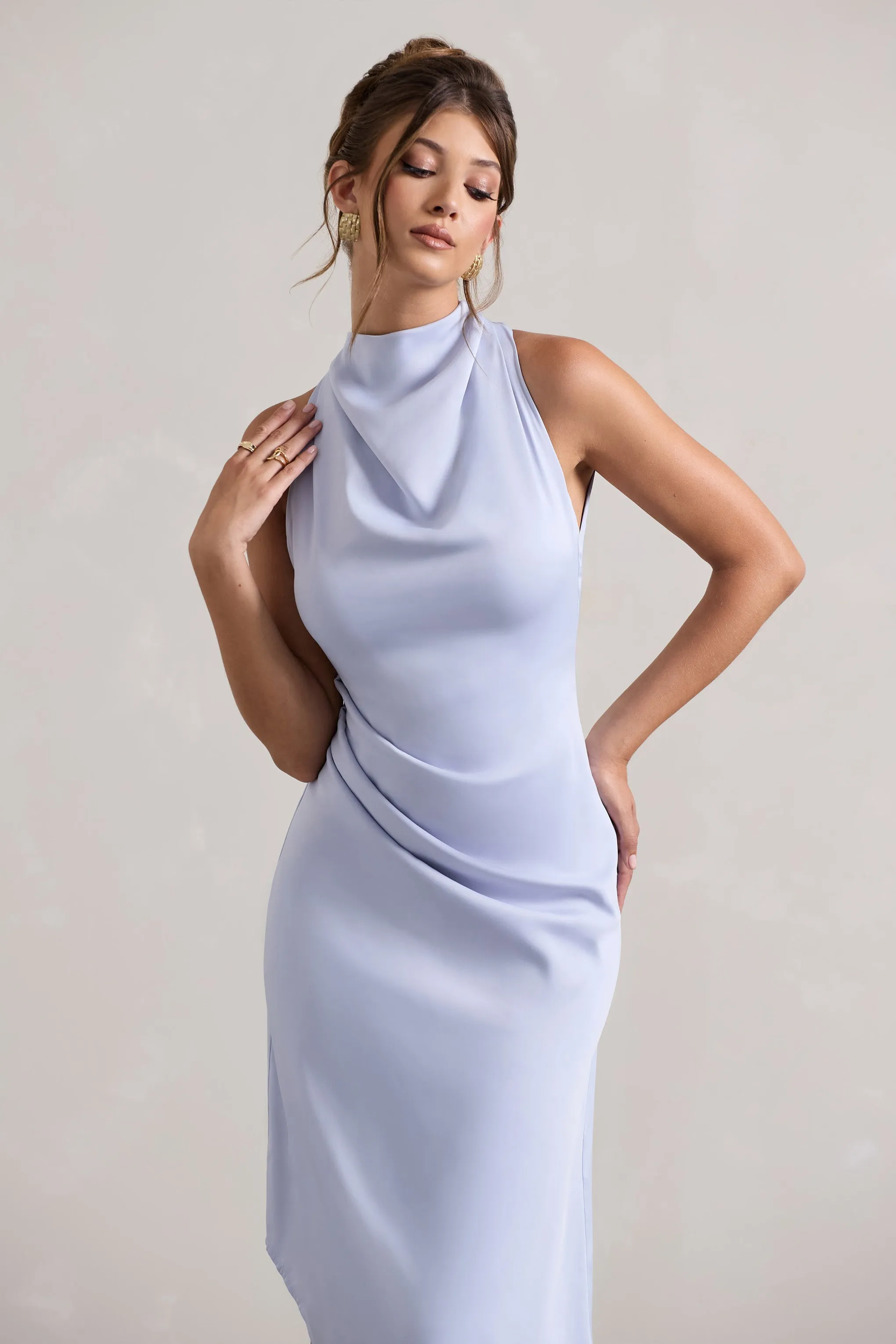 Sophina | Sky Blue Satin Cowl-Neck Asymmetric Midi Dress sold by Club L London product image thumbnail 3
