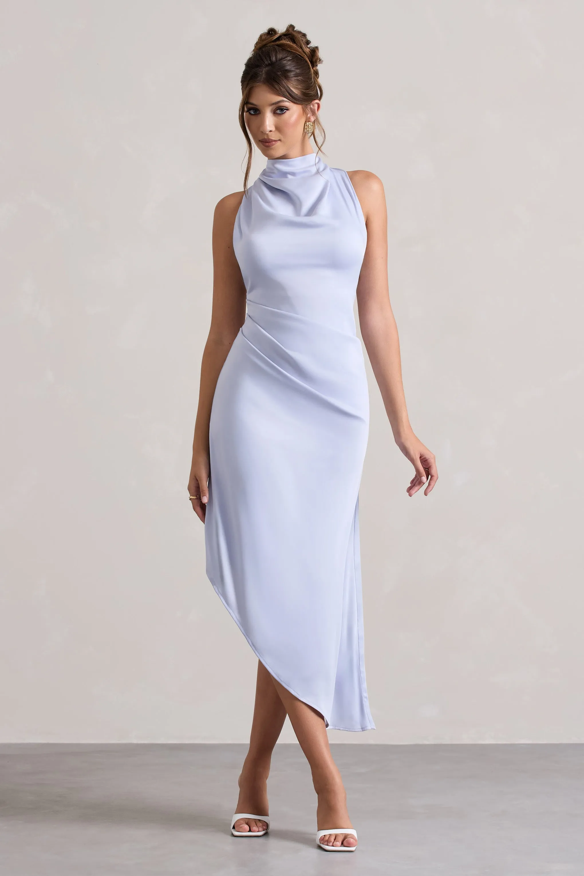 Sophina | Sky Blue Satin Cowl-Neck Asymmetric Midi Dress sold by Club L London