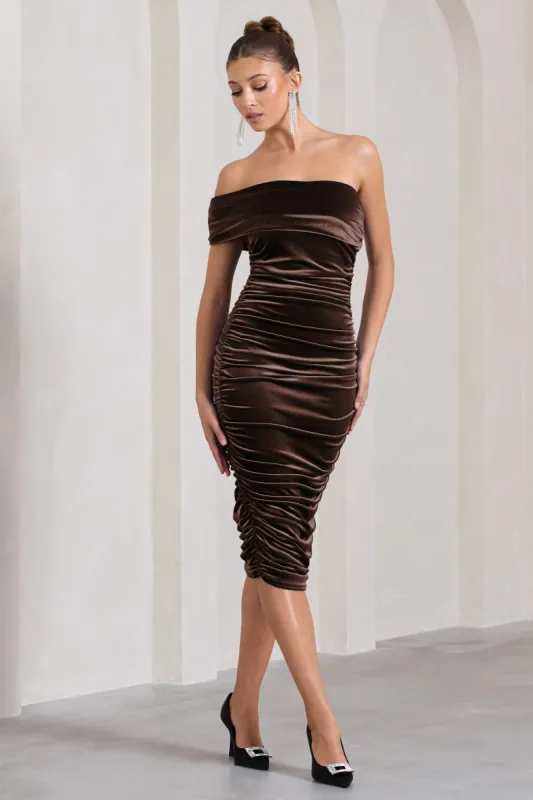 Remember Me | Chocolate Velvet Ruched Asymmetric Bodycon Midi Dress sold by Club L London