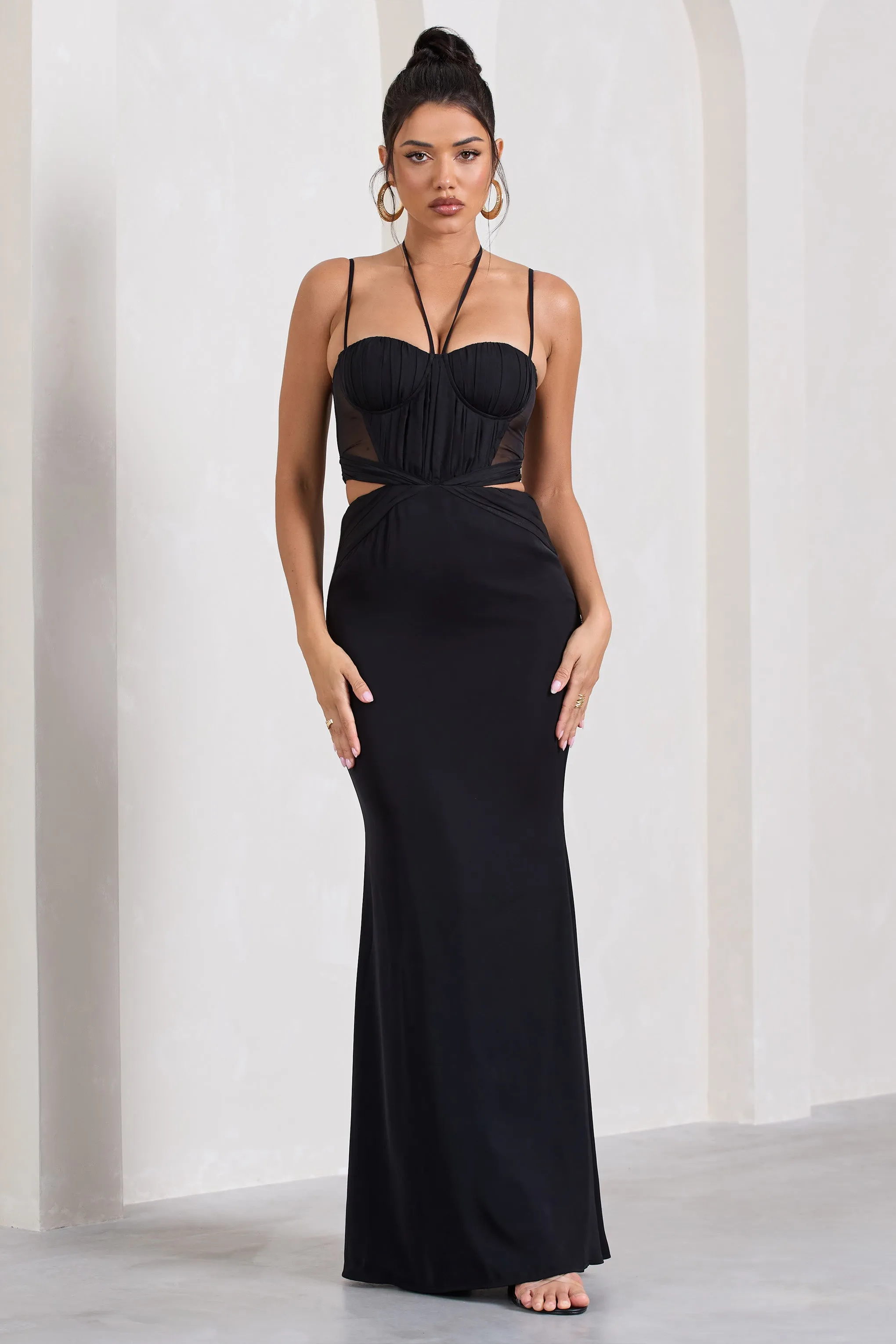 Stardom | Black Chiffon Strappy Sweetheart Cut-Out Maxi Dress sold by Club L London