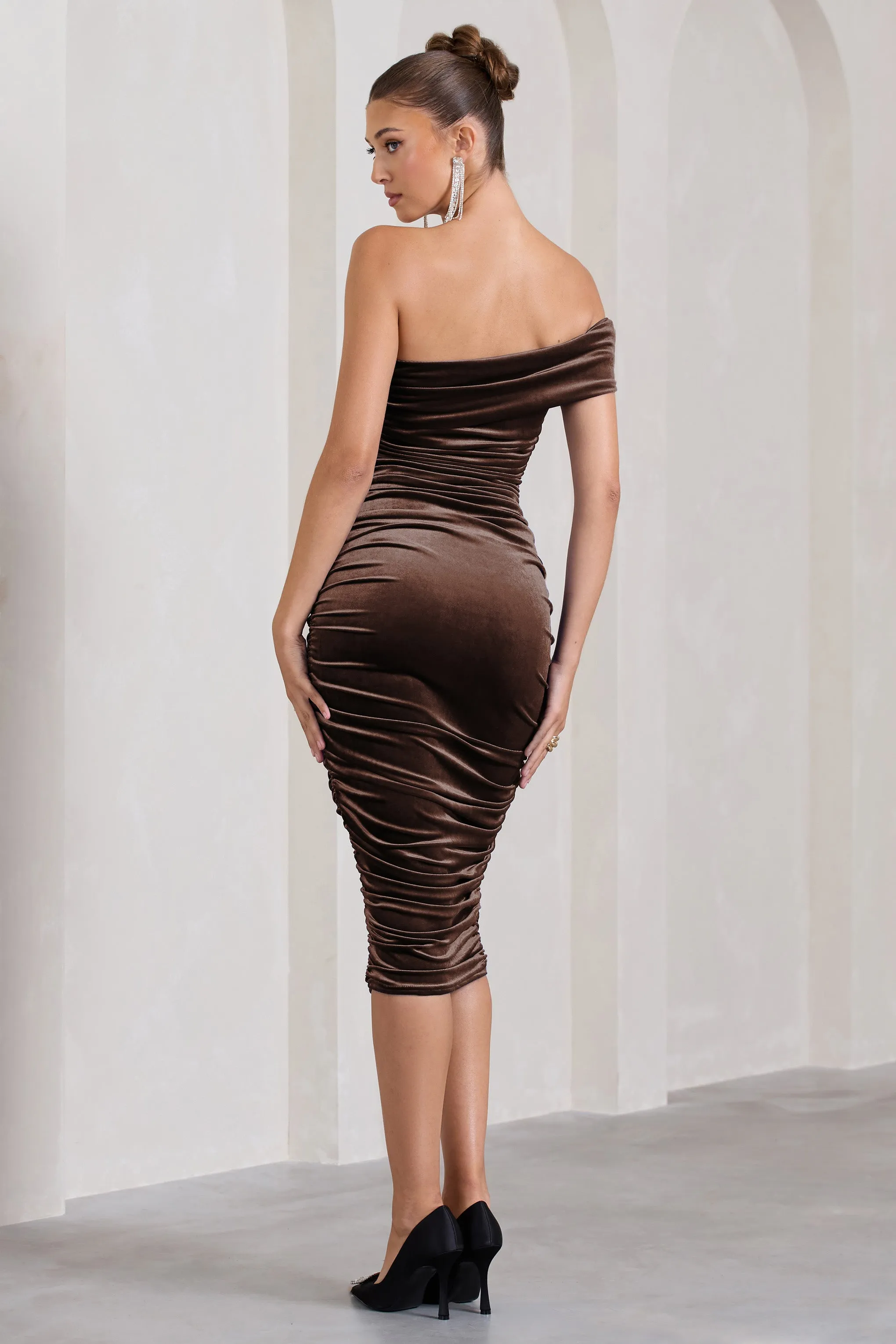 Remember Me | Chocolate Velvet Ruched Asymmetric Bodycon Midi Dress sold by Club L London product image thumbnail 2