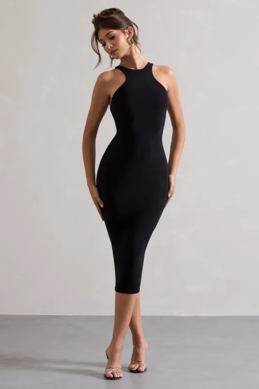 Kenny | Black Bodycon Racer-Neck Midi Dress sold by Club L London