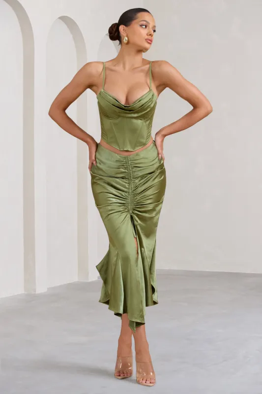 Per Favore | Olive Satin Ruched Split Maxi Skirt sold by Club L London