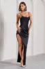 In Attendance | Black Satin Draped Corset Split Maxi Dress sold by Club L London