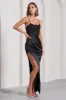 In Attendance | Black Satin Draped Corset Split Maxi Dress sold by Club L London